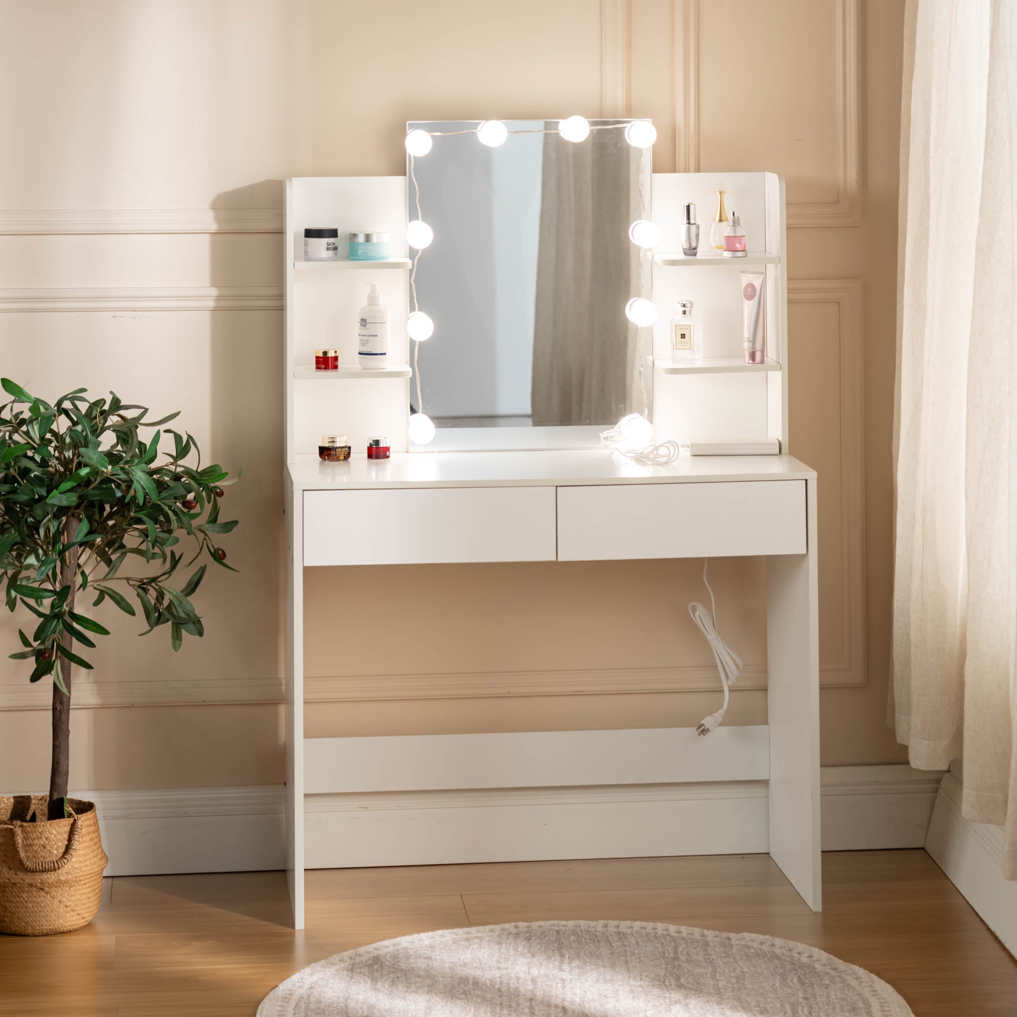 Homy Casa Slan Modern White Vanity Set with 7 Colors LED Mirror and Stool 35.4" Vanity Table LED Makeup Desk Storage Shelves