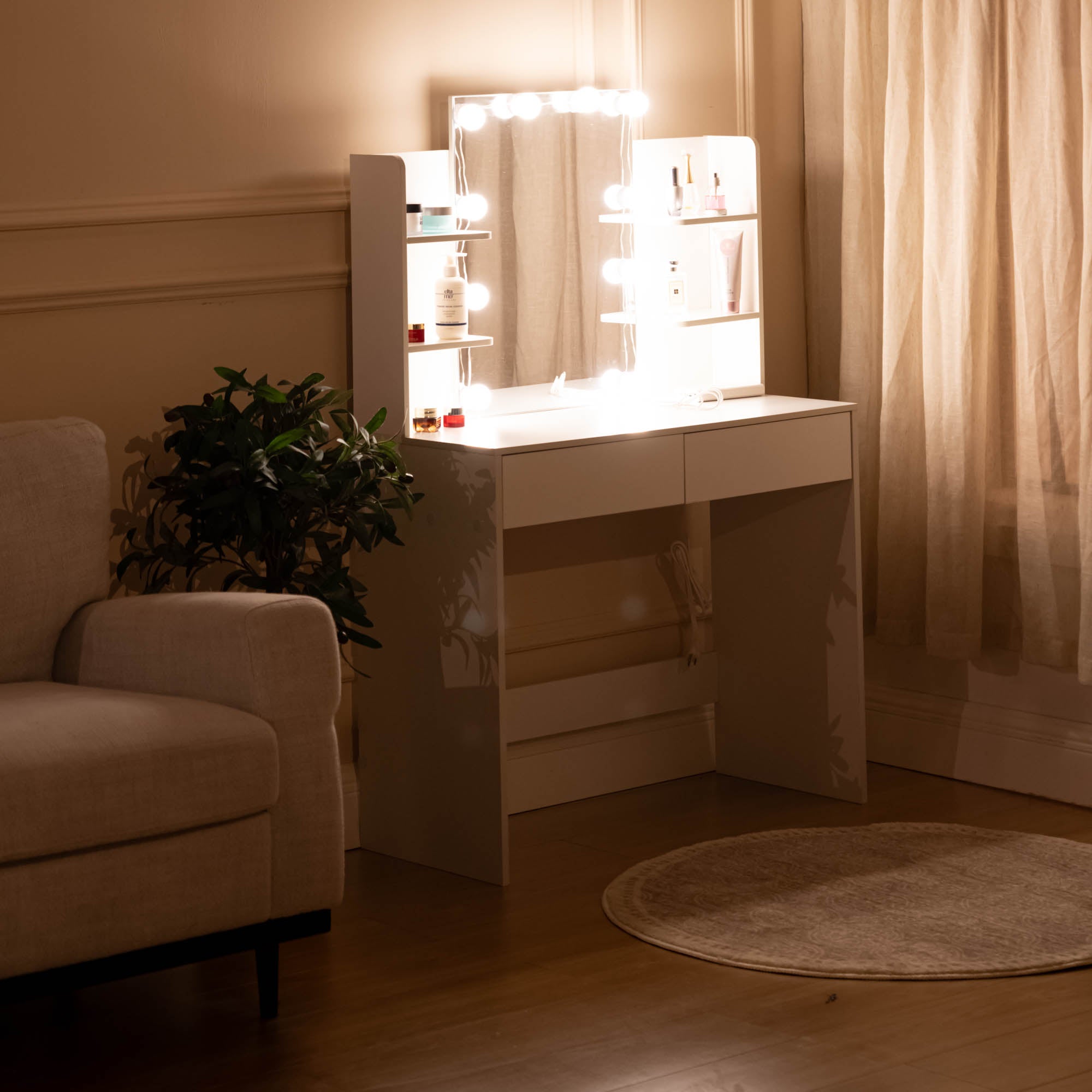 Homy Casa Slan Modern White Vanity Set with 7 Colors LED Mirror and Stool 35.4" Vanity Table LED Makeup Desk Storage Shelves