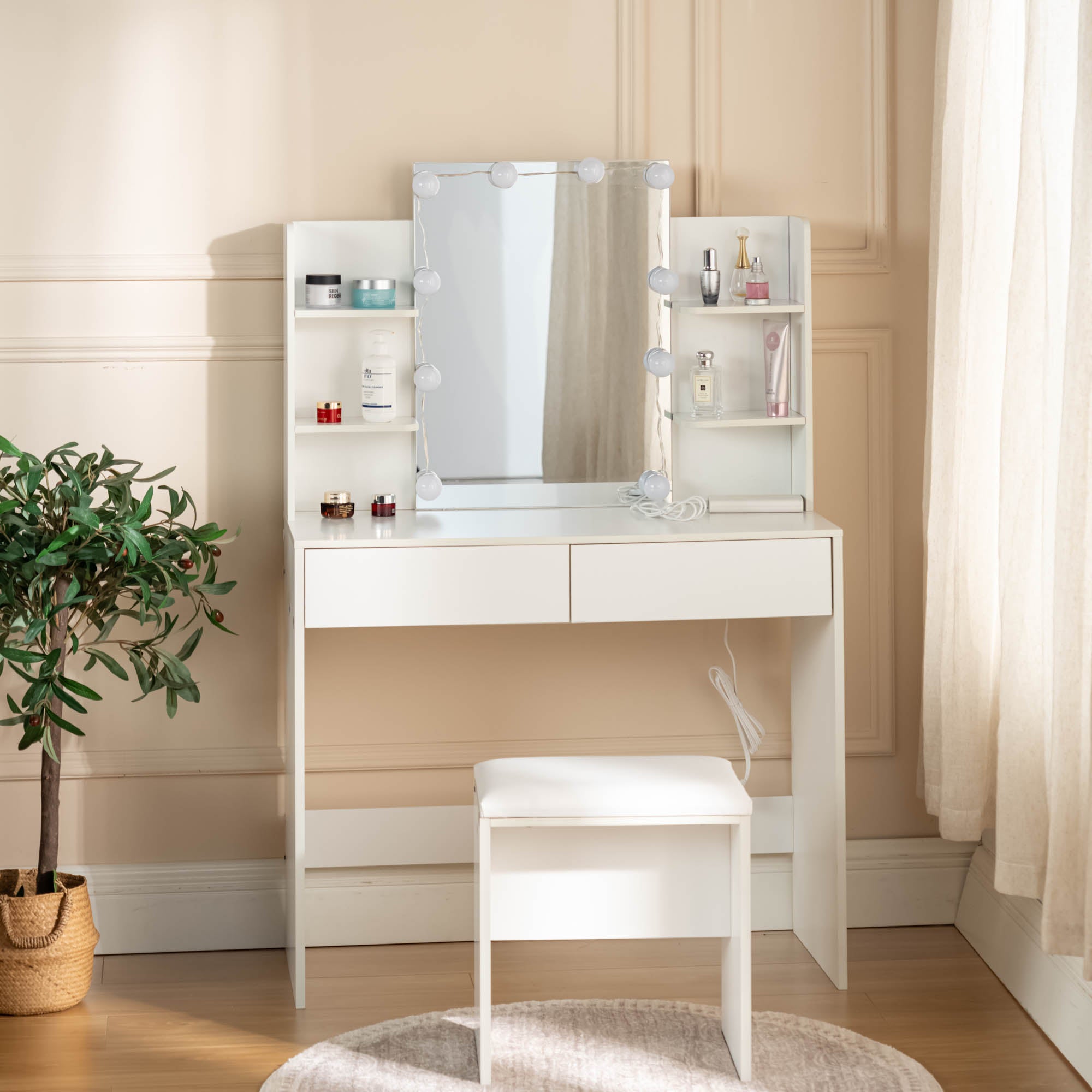 Homy Casa Slan Modern White Vanity Set with 7 Colors LED Mirror and Stool 35.4" Vanity Table LED Makeup Desk Storage Shelves