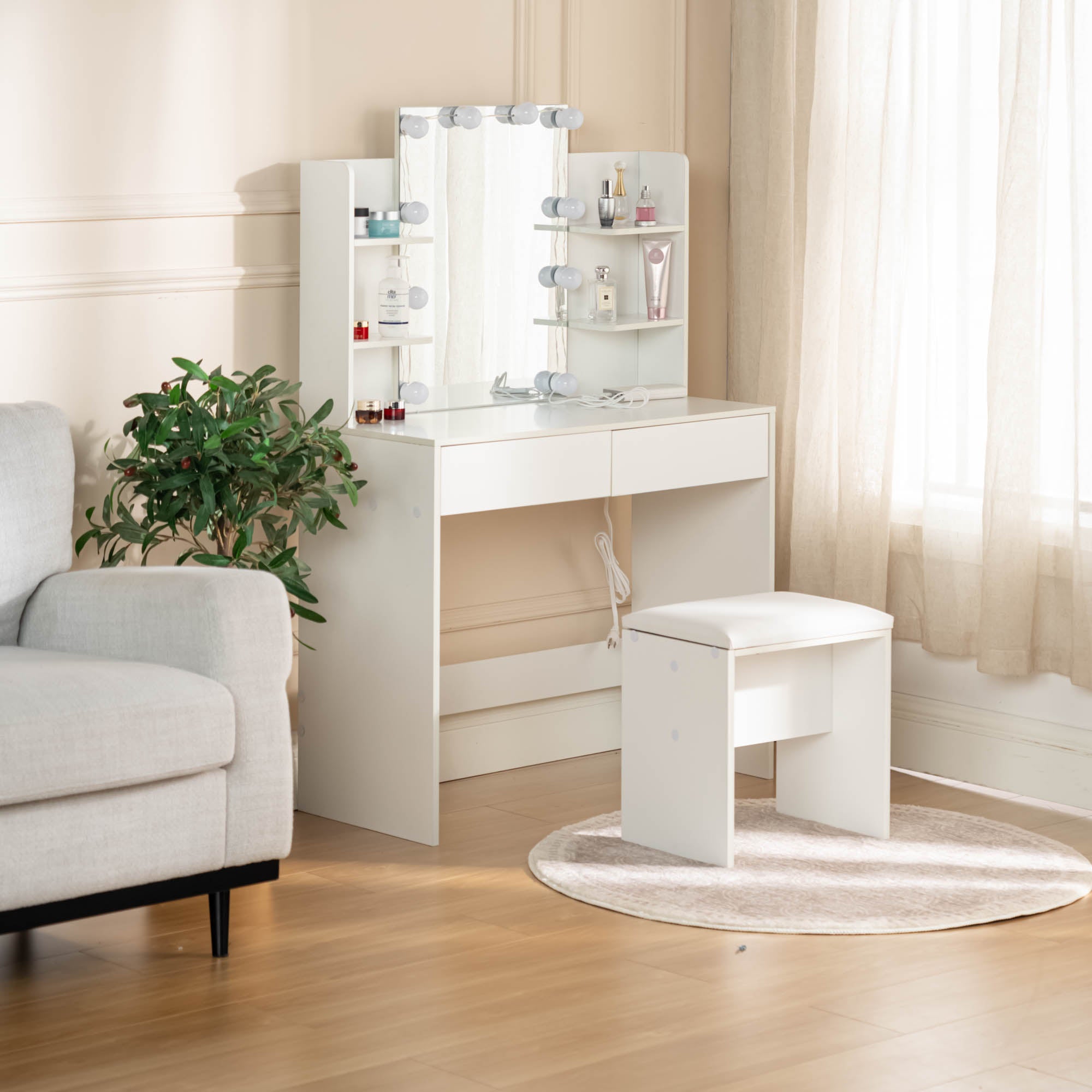 Homy Casa Slan Modern White Vanity Set with 7 Colors LED Mirror and Stool 35.4" Vanity Table LED Makeup Desk Storage Shelves