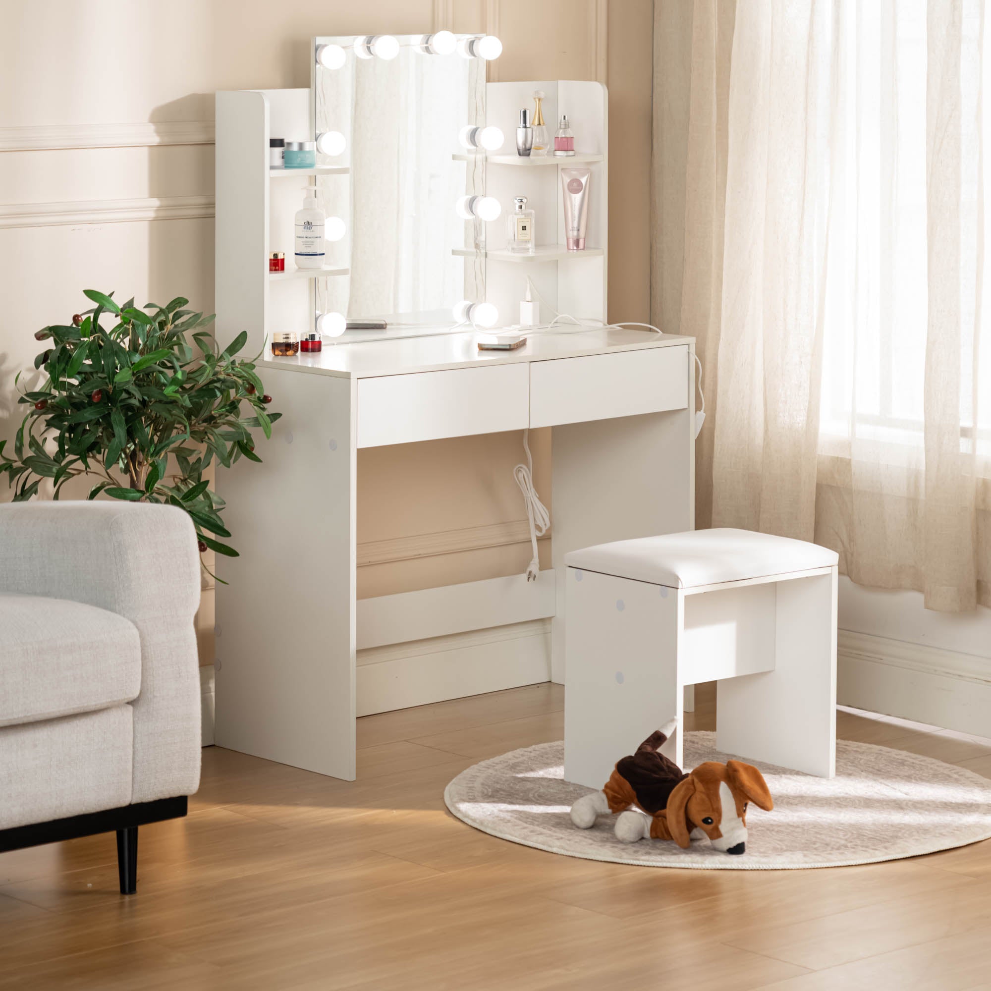 Homy Casa Slan Modern White Vanity Set with 7 Colors LED Mirror and Stool 35.4" Vanity Table LED Makeup Desk Storage Shelves