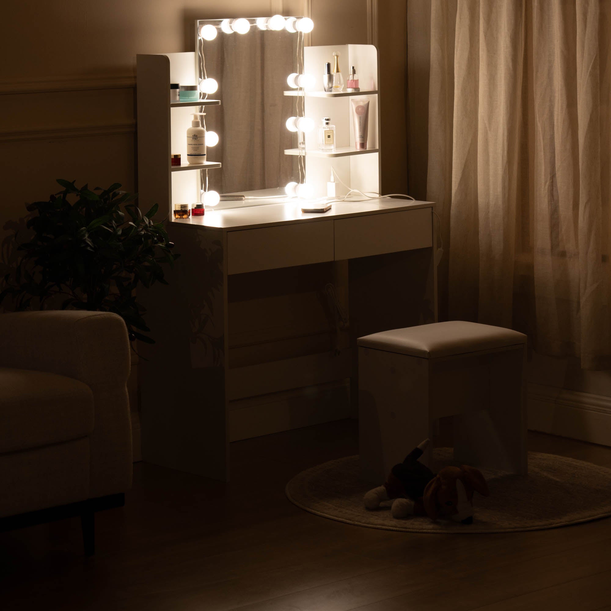 Homy Casa Slan Modern White Vanity Set with 7 Colors LED Mirror and Stool 35.4" Vanity Table LED Makeup Desk Storage Shelves