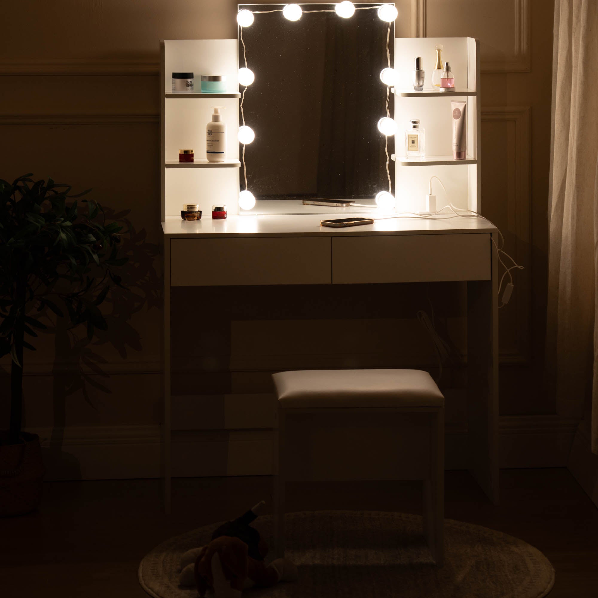 Homy Casa Slan Modern White Vanity Set with 7 Colors LED Mirror and Stool 35.4" Vanity Table LED Makeup Desk Storage Shelves