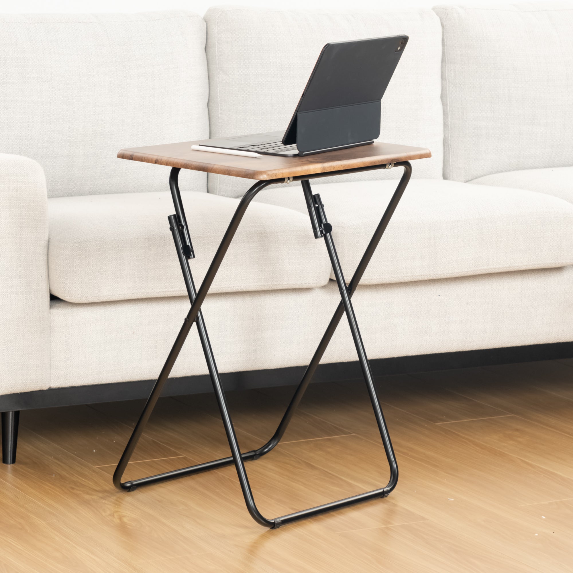 Folding TV Tray Table, 18.9" Wide Rustic Wood Top, Metal Frame, No Assembly, Portable Snack Table for Sofa or Bed, Black