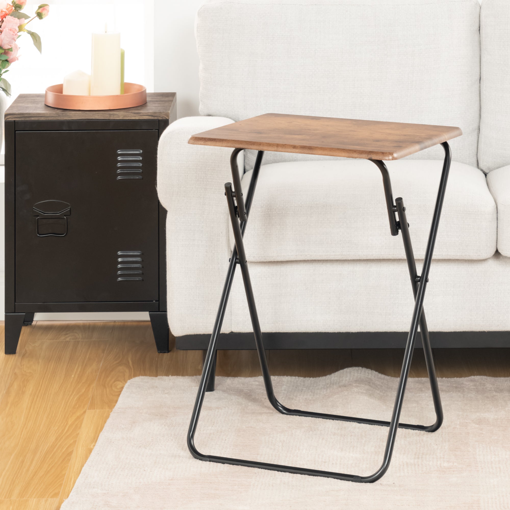 Folding TV Tray Table, 18.9" Wide Rustic Wood Top, Metal Frame, No Assembly, Portable Snack Table for Sofa or Bed, Black