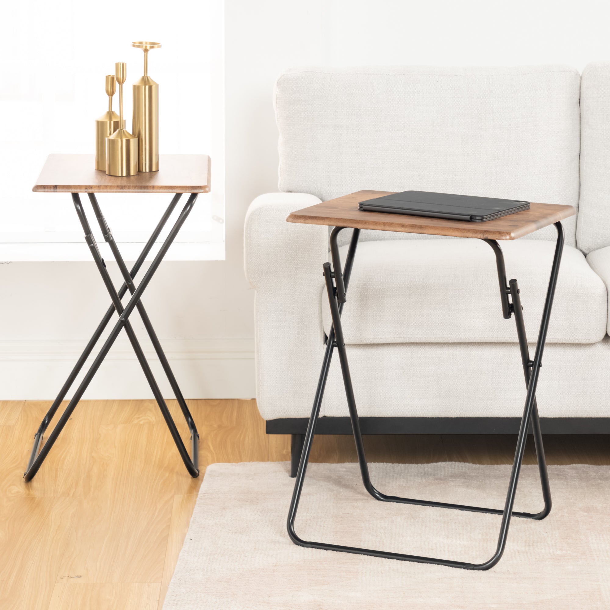 Folding TV Tray Table, 18.9" Wide Rustic Wood Top, Metal Frame, No Assembly, Portable Snack Table for Sofa or Bed, Black