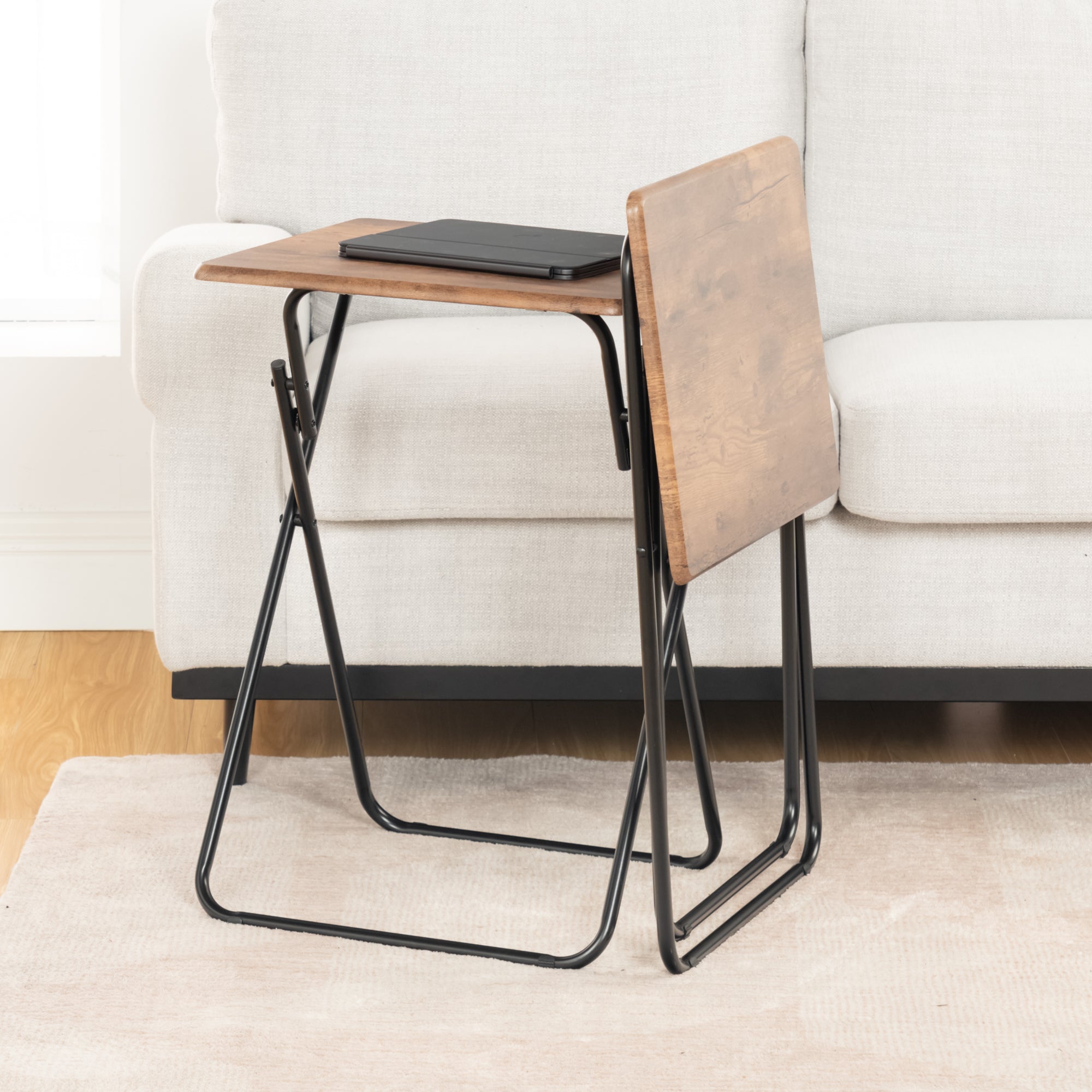 Folding TV Tray Table, 18.9" Wide Rustic Wood Top, Metal Frame, No Assembly, Portable Snack Table for Sofa or Bed, Black