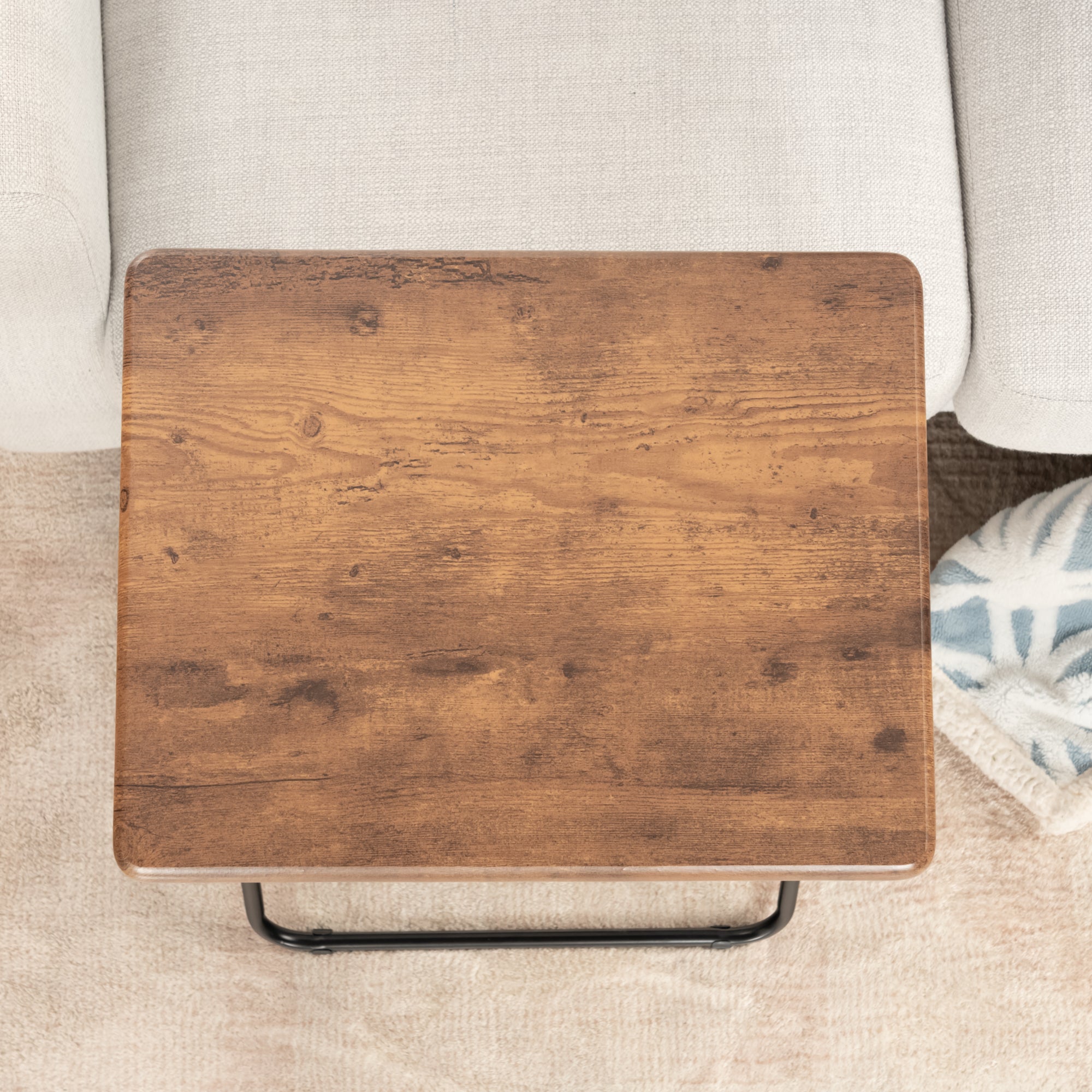Folding TV Tray Table, 18.9" Wide Rustic Wood Top, Metal Frame, No Assembly, Portable Snack Table for Sofa or Bed, Black