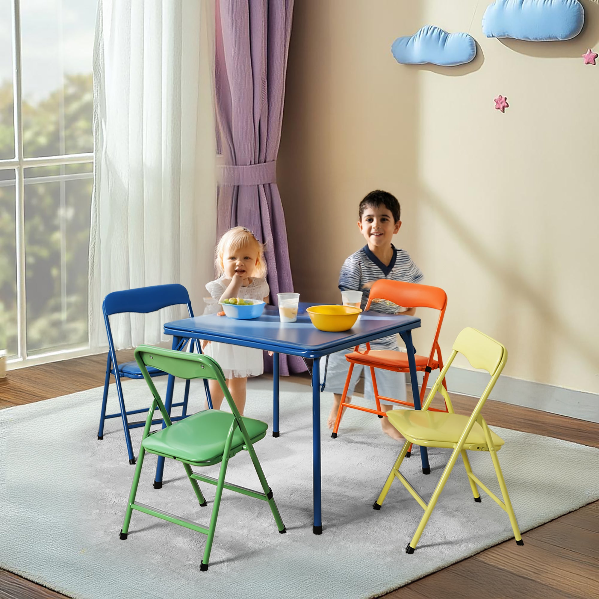 Page 5PC Small Foldable Set 24” Blue Table with 4 Assorted Colors Chairs for Playrooms & Classrooms