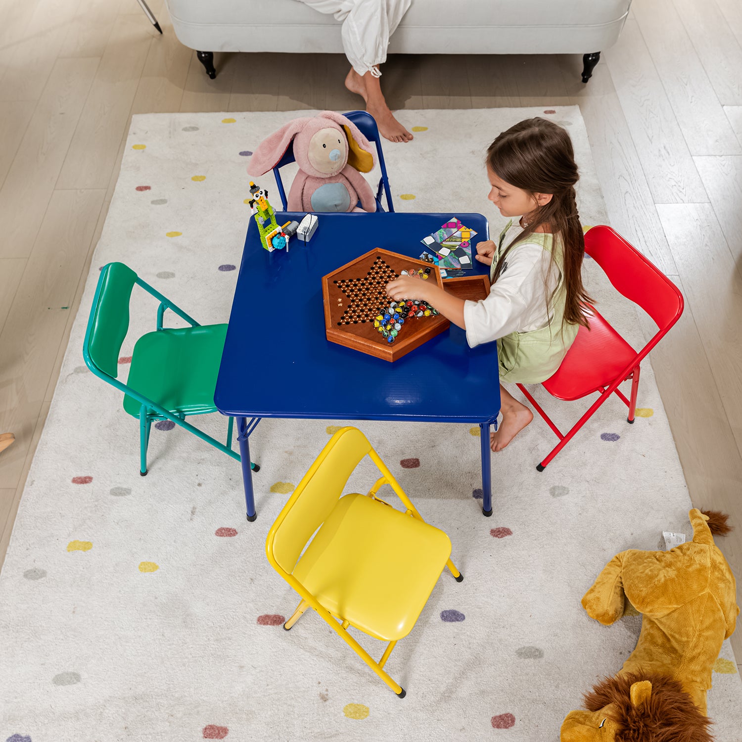 Page 5PC Small Foldable Set 24” Blue Table with 4 Assorted Colors Chairs for Playrooms & Classrooms