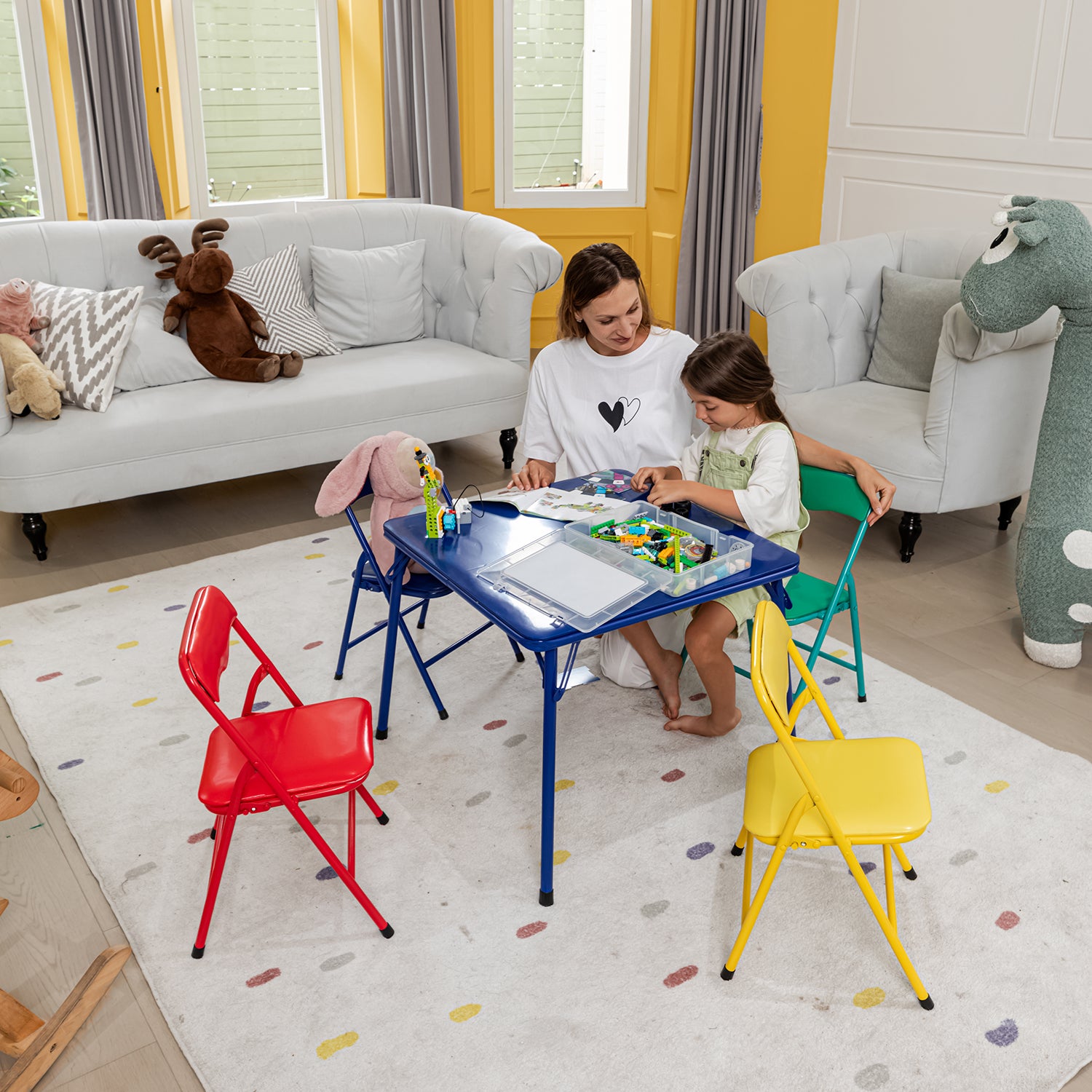 Page 5PC Small Foldable Set 24” Blue Table with 4 Assorted Colors Chairs for Playrooms & Classrooms