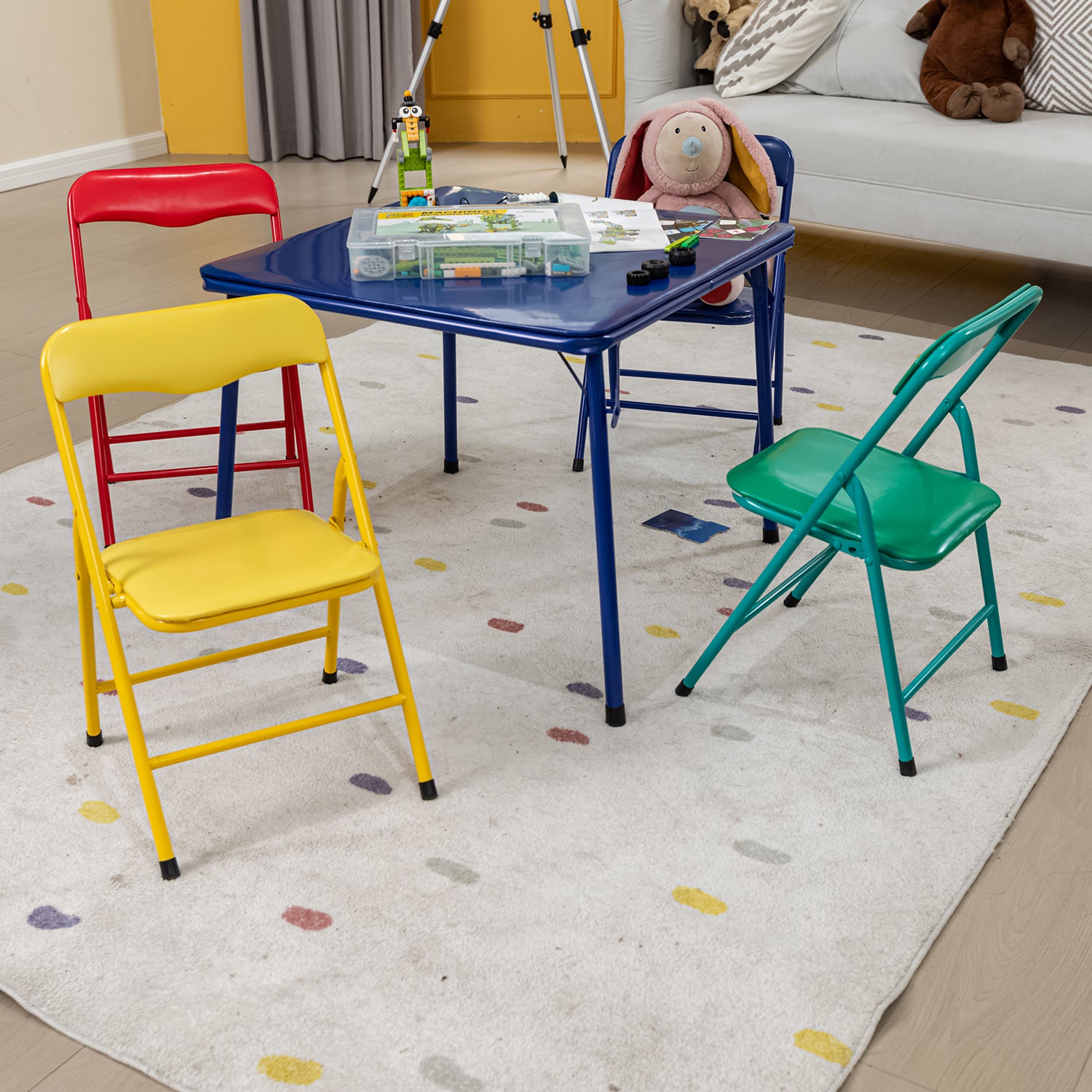 Page 5PC Small Foldable Set 24” Blue Table with 4 Assorted Colors Chairs for Playrooms & Classrooms