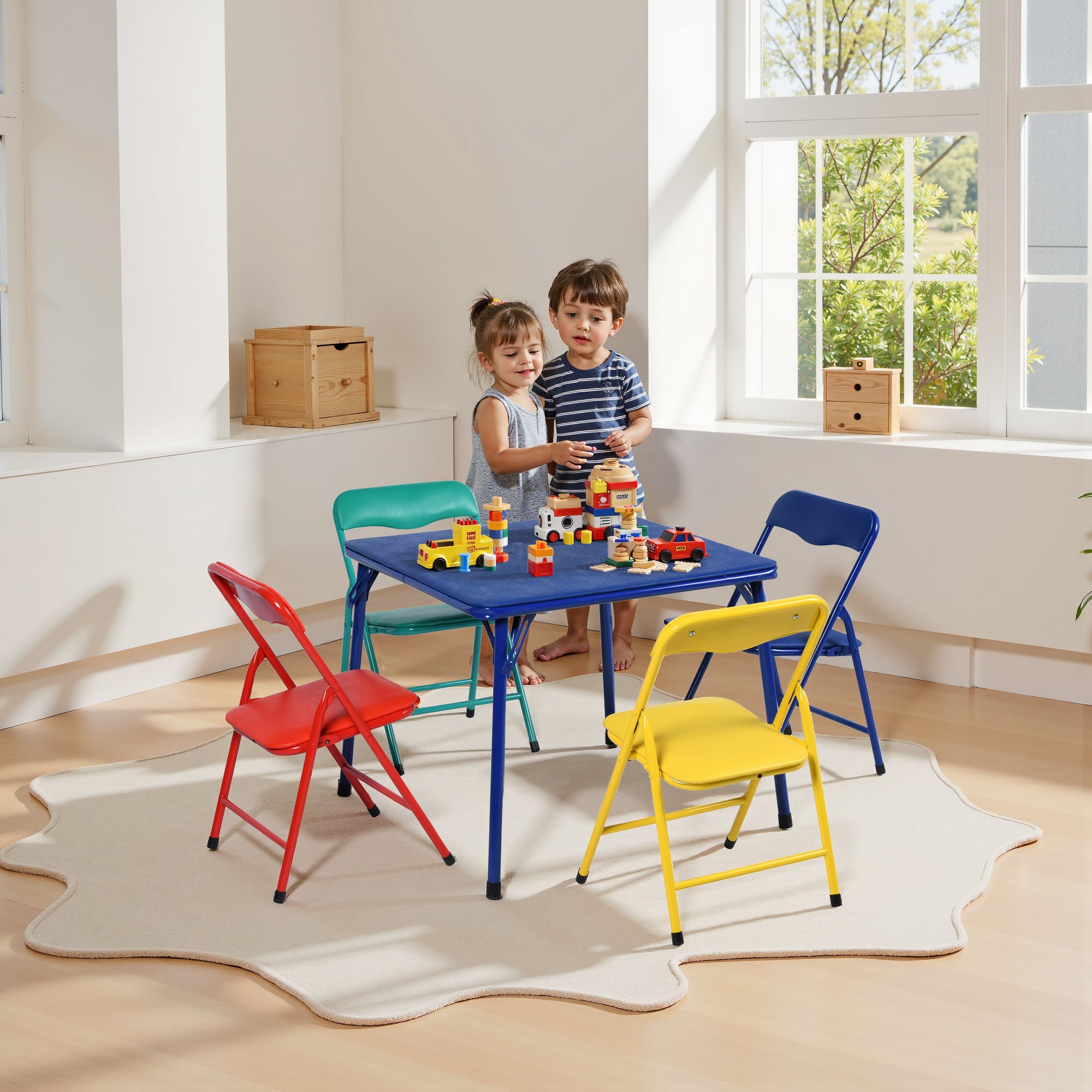 Page 5PC Small Foldable Set 24” Blue Table with 4 Assorted Colors Chairs for Playrooms & Classrooms
