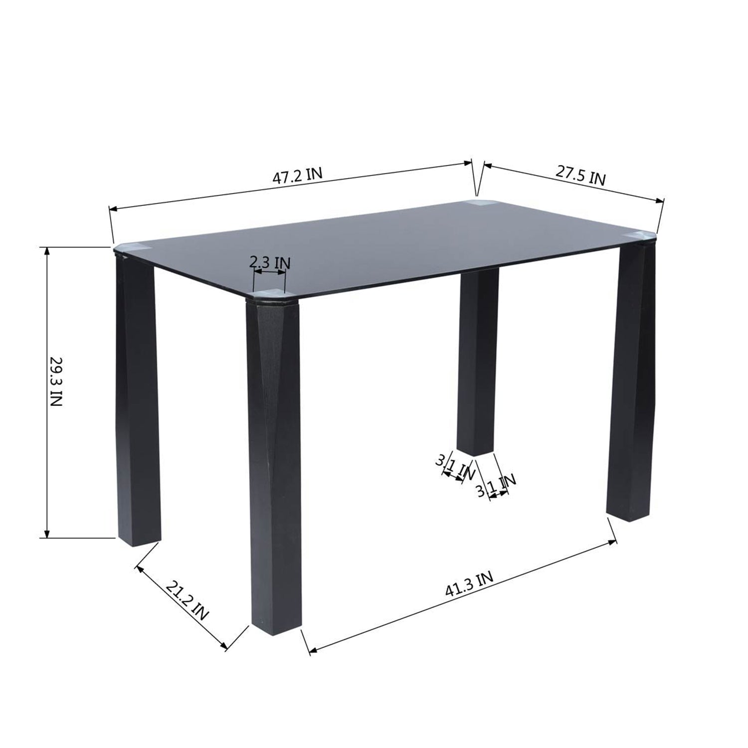Homy Casa PIRLO Dining Table 47.2” Black Glass Top Modern Kitchen Table