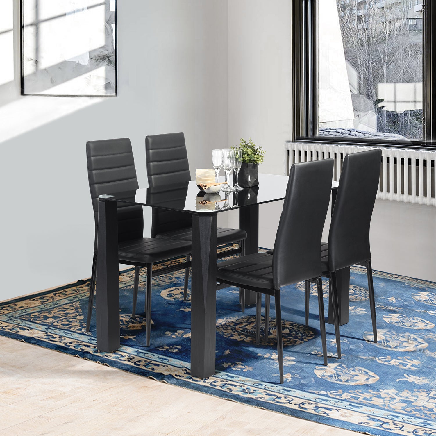 Homy Casa PIRLO Dining Table 47.2” Black Glass Top Modern Kitchen Table