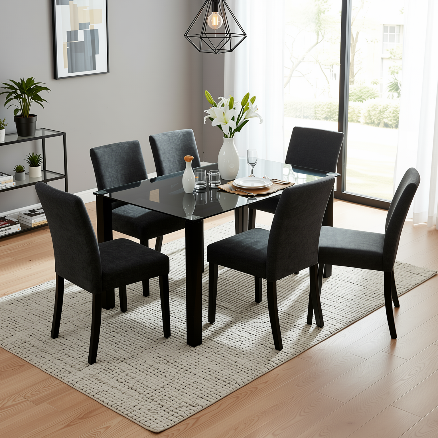 Homy Casa PIRLO 7 Piece 47" Dining Table Set with 6 LOWE Upholsted Chairs