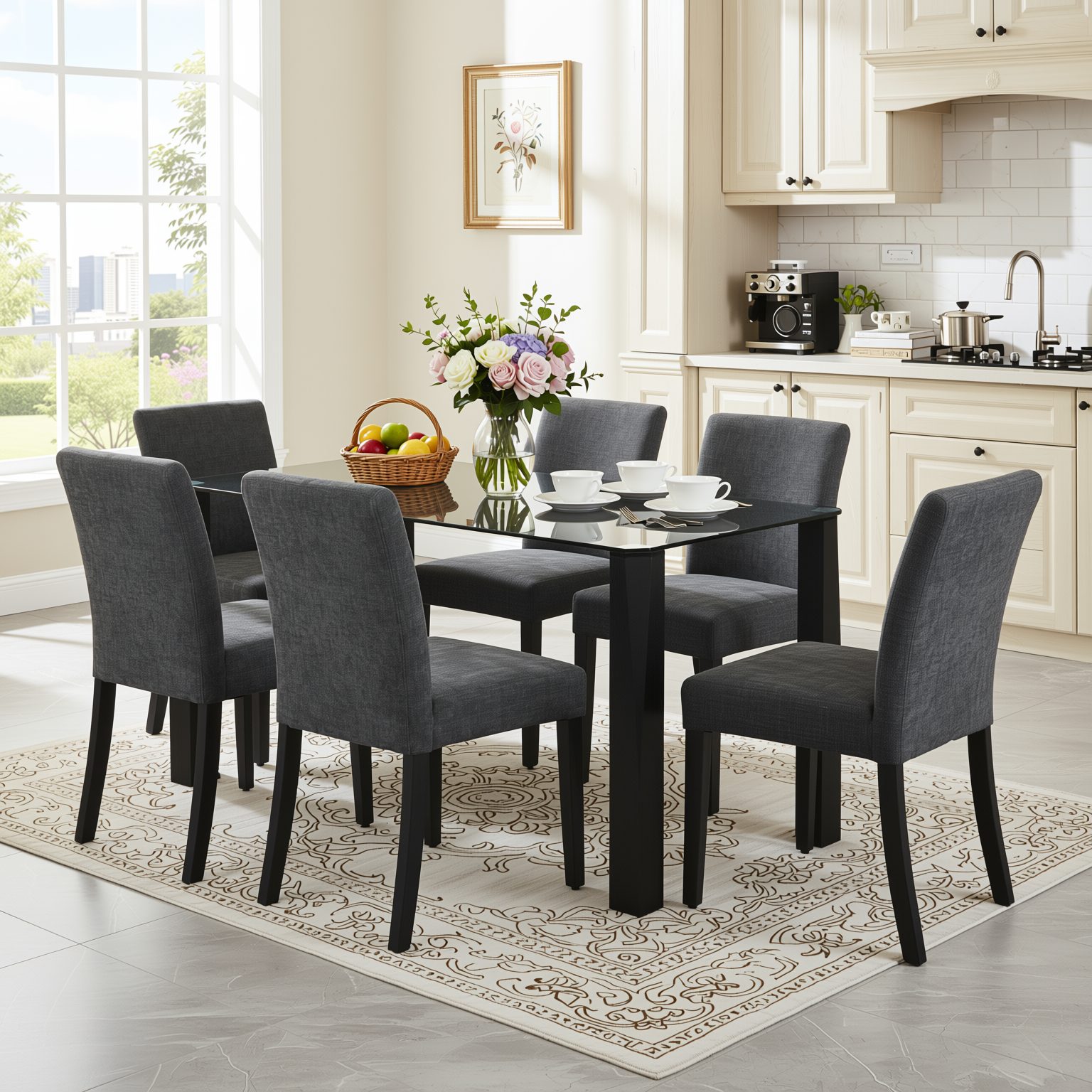 Homy Casa PIRLO 7 Piece 47" Dining Table Set with 6 LOWE Upholsted Chairs