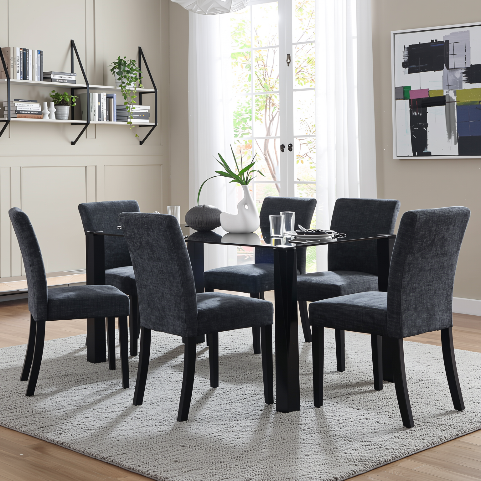Homy Casa PIRLO 7 Piece 47" Dining Table Set with 6 LOWE Upholsted Chairs