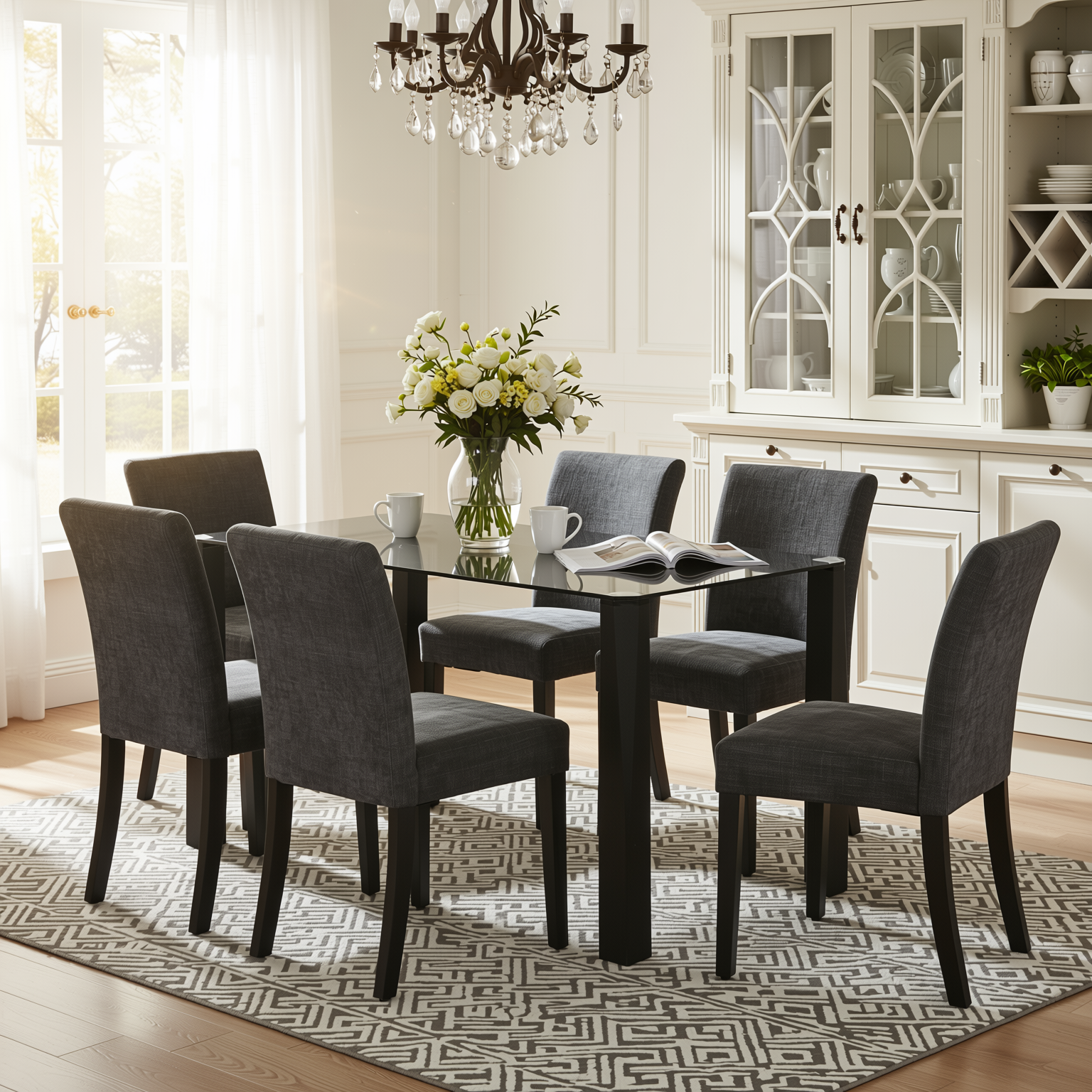 Homy Casa PIRLO 7 Piece 47" Dining Table Set with 6 LOWE Upholsted Chairs