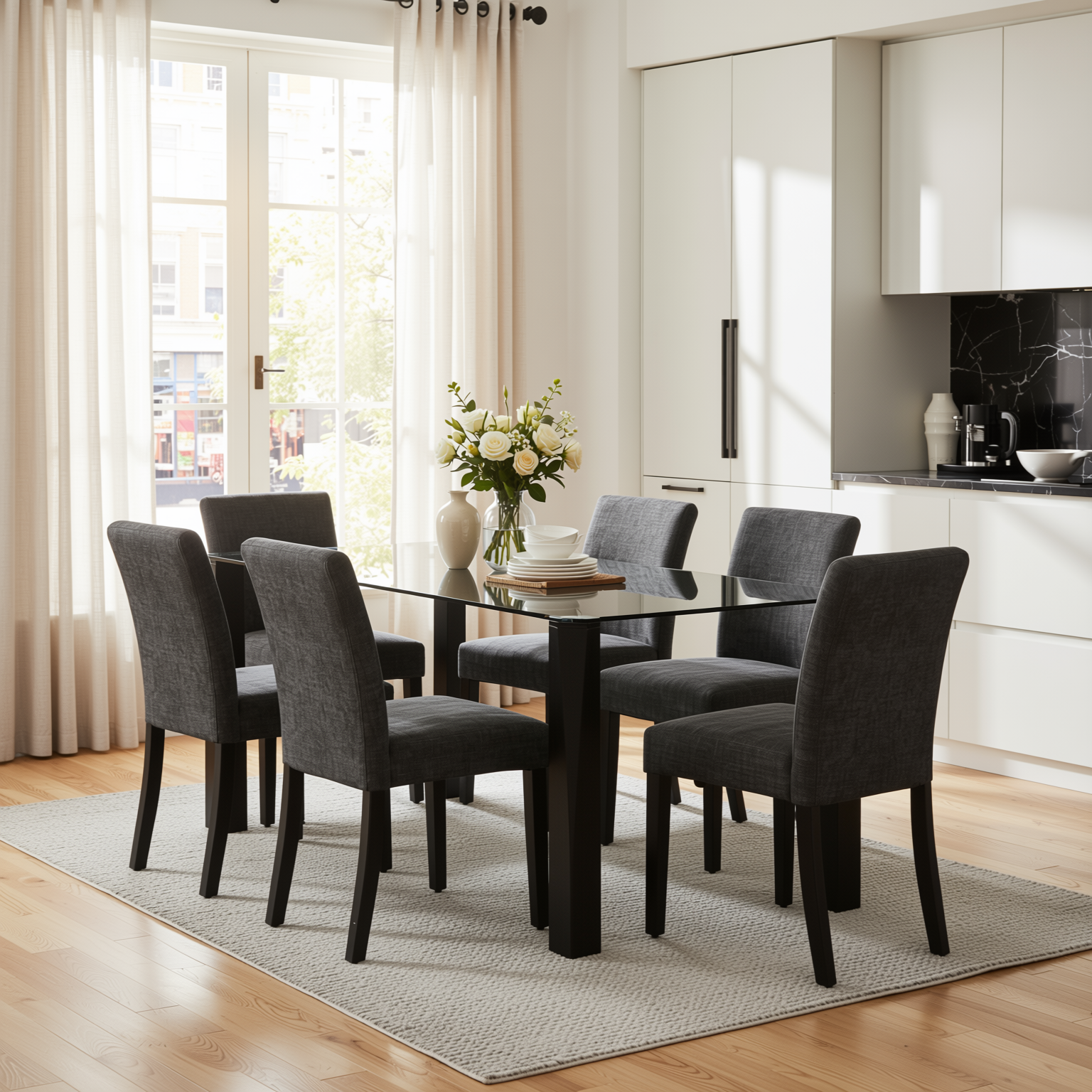 Homy Casa PIRLO 7 Piece 47" Dining Table Set with 6 LOWE Upholsted Chairs