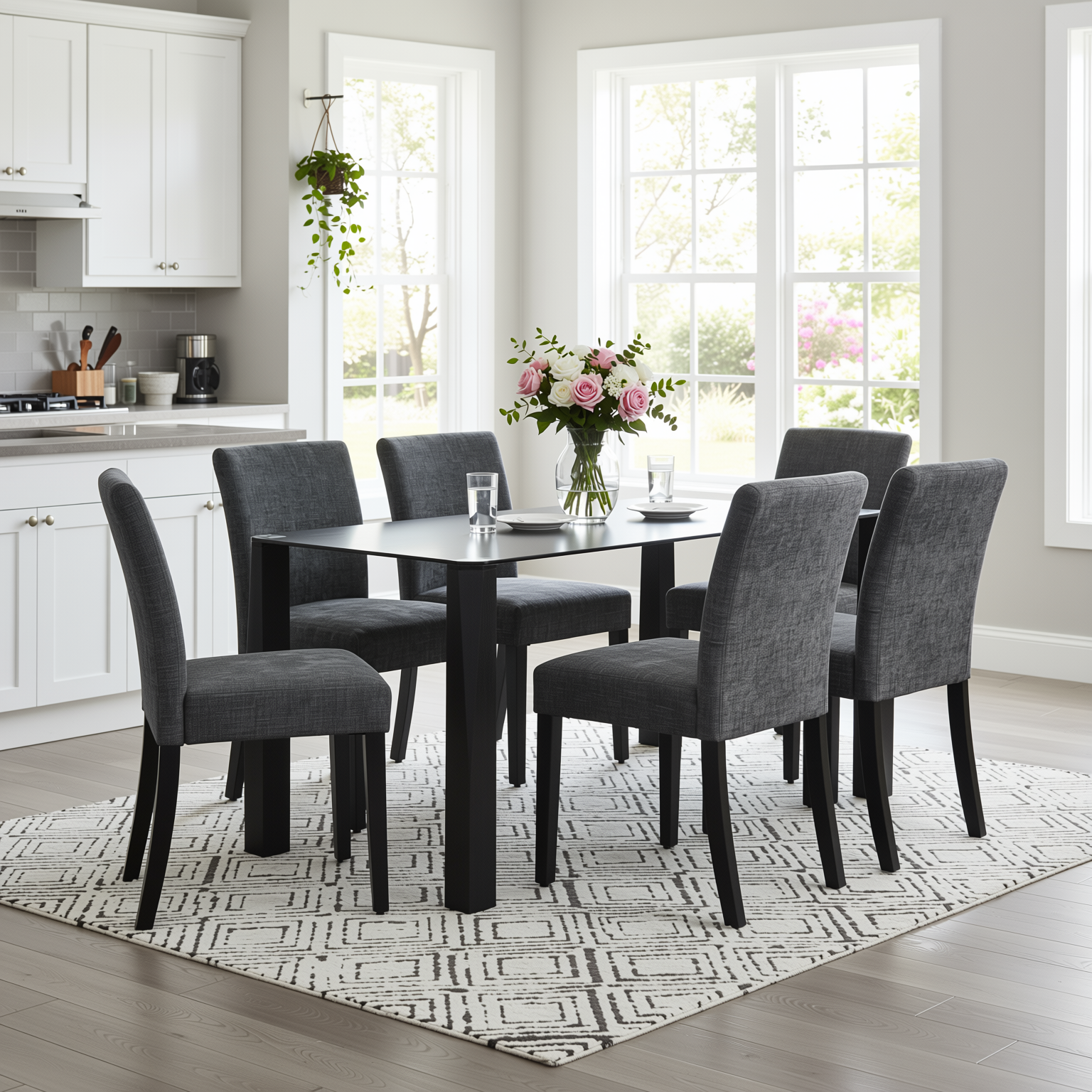 Homy Casa PIRLO 7 Piece 47" Dining Table Set with 6 LOWE Upholsted Chairs