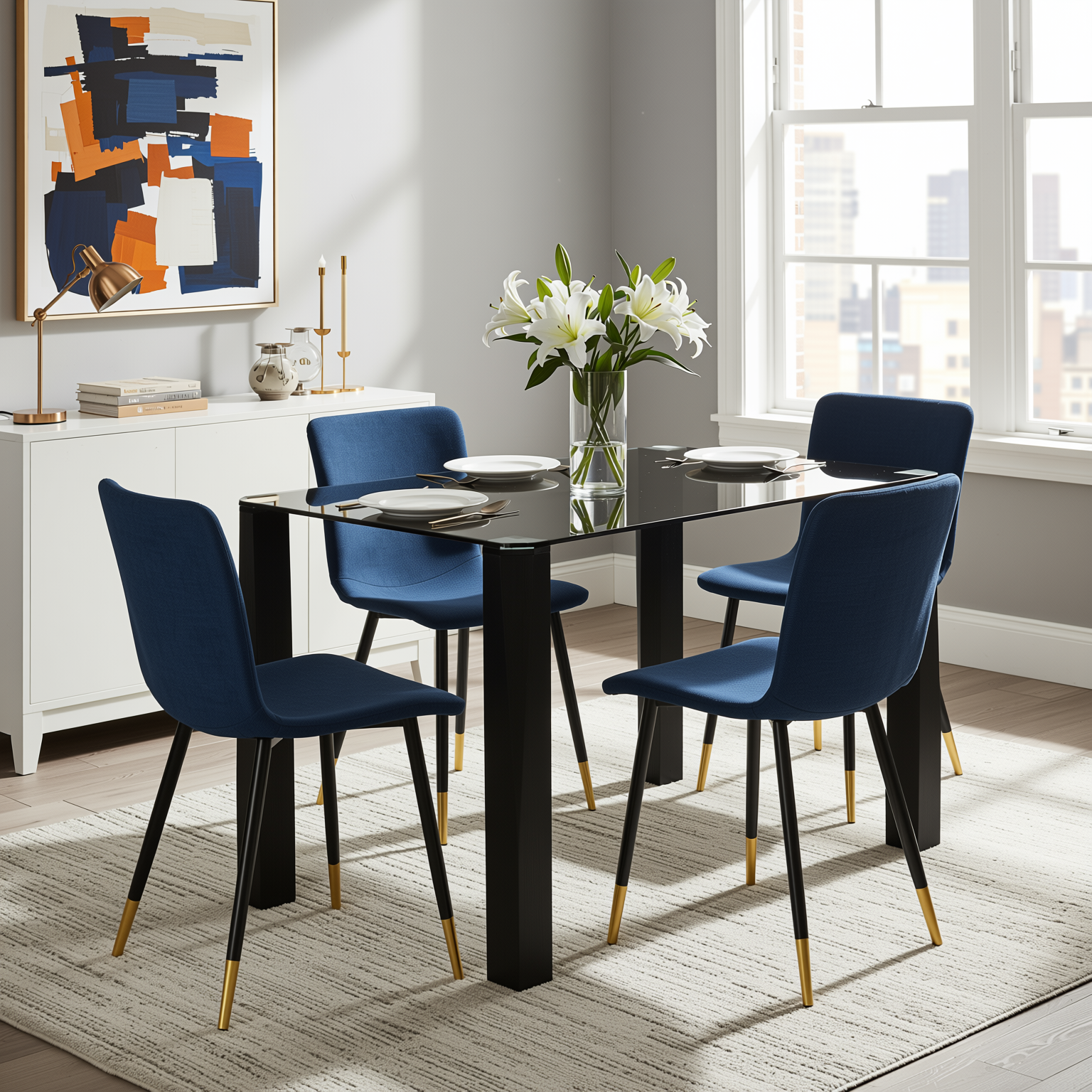 Homy Casa PIRLO 5 Piece  47" Dining Table Set with 4 SCARGILL Upholsted Chairs, Blue