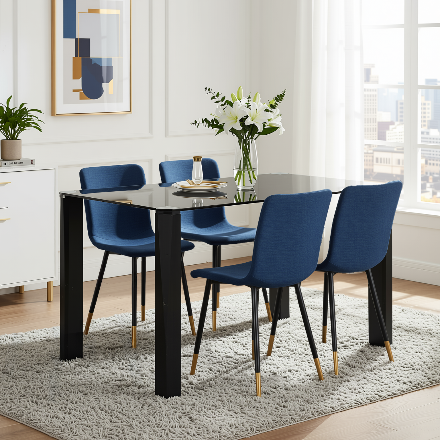 Homy Casa PIRLO 5 Piece  47" Dining Table Set with 4 SCARGILL Upholsted Chairs, Blue