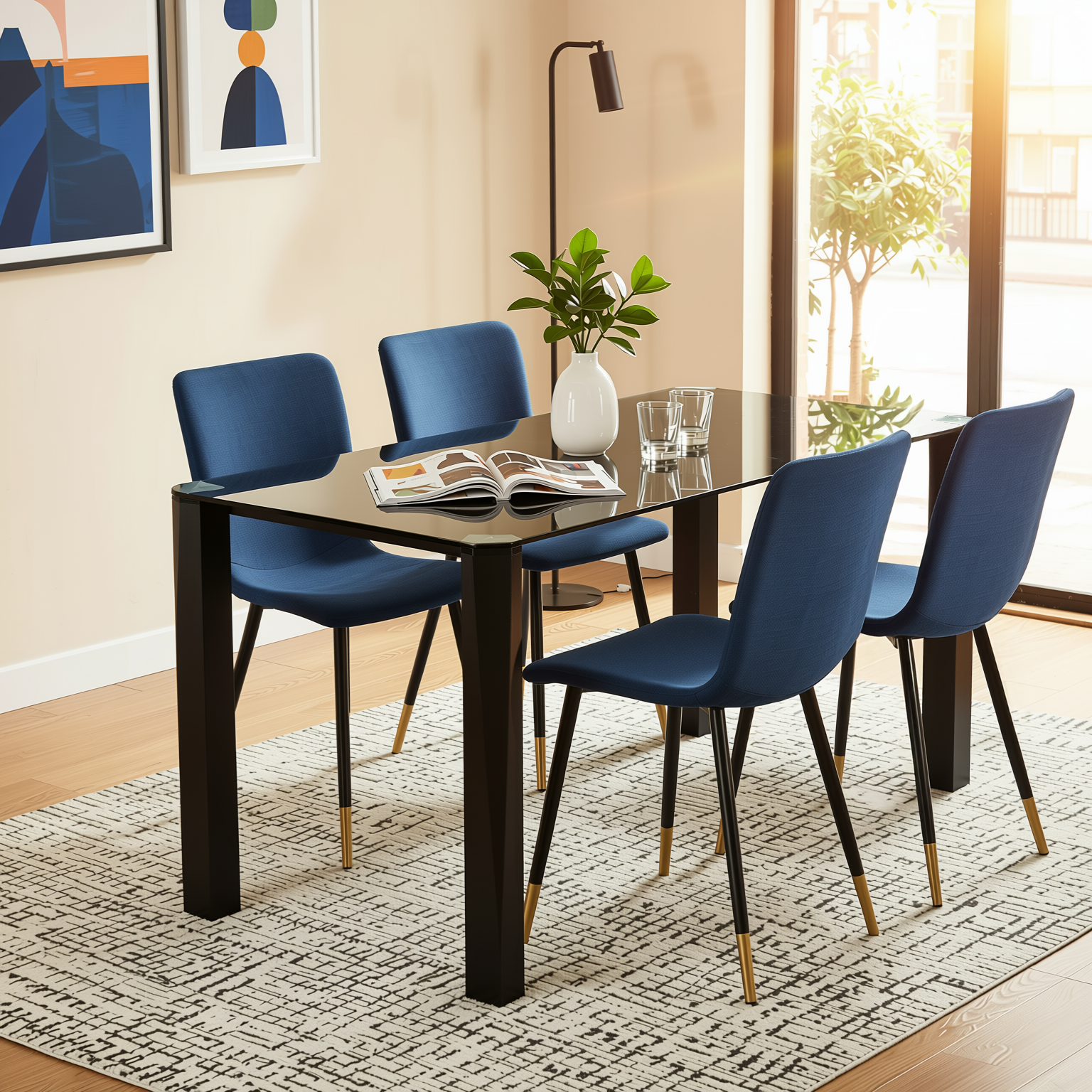 Homy Casa PIRLO 5 Piece  47" Dining Table Set with 4 SCARGILL Upholsted Chairs, Blue