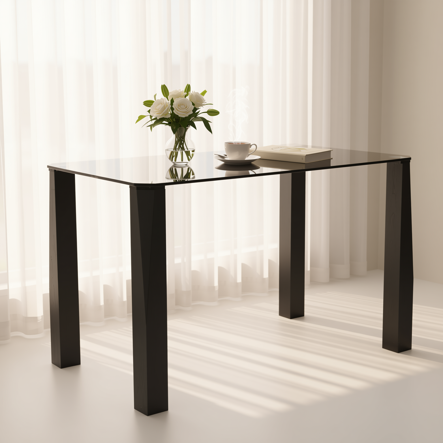 Homy Casa PIRLO Dining Table 47.2” Black Glass Top Modern Kitchen Table