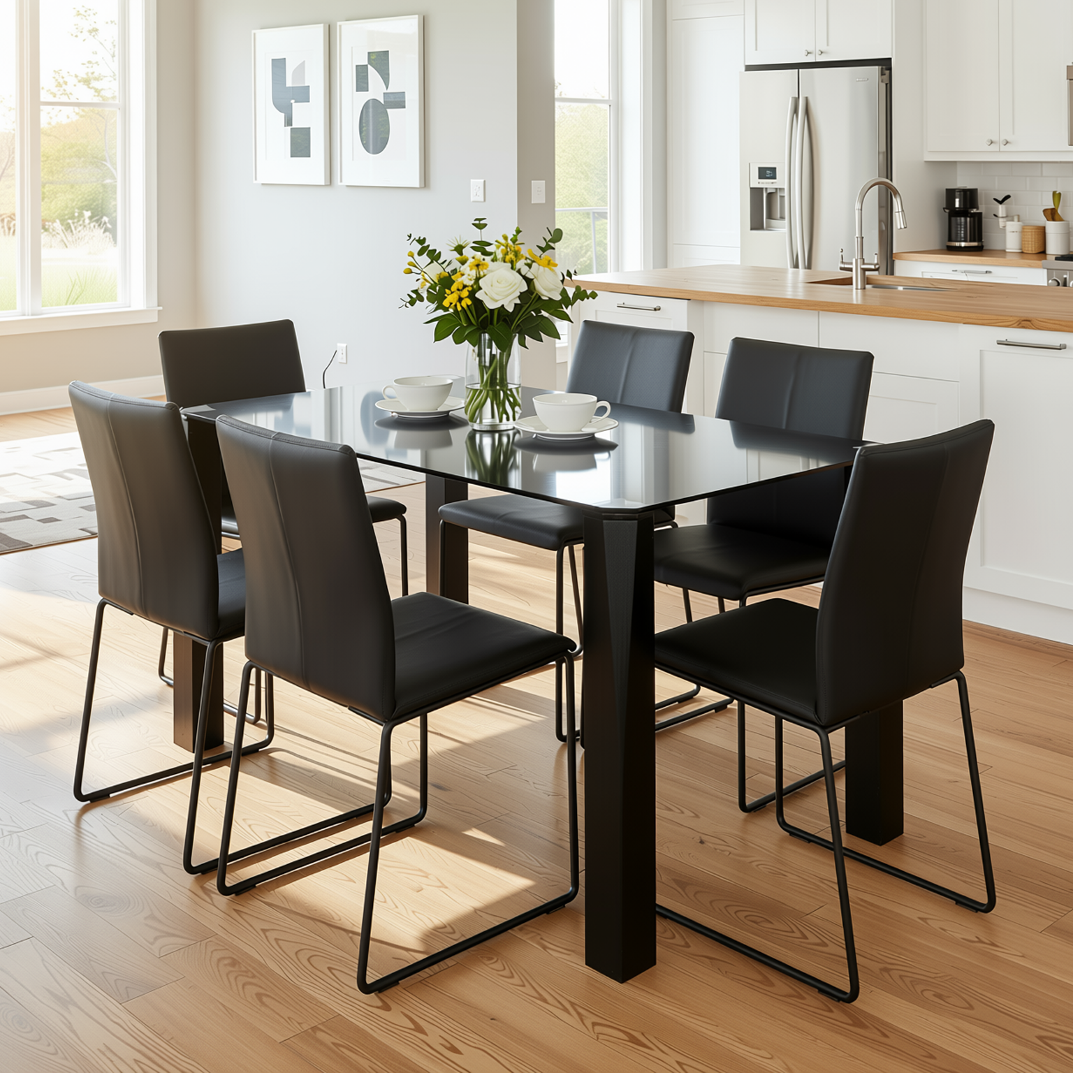 Homy Casa PIRLO Dining Table 47.2” Black Glass Top Modern Kitchen Table