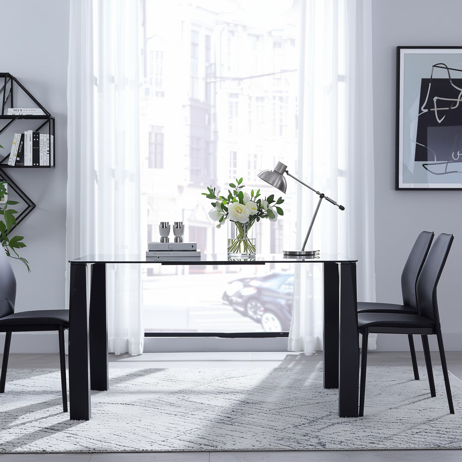 Homy Casa PIRLO Dining Table 47.2” Black Glass Top Modern Kitchen Table