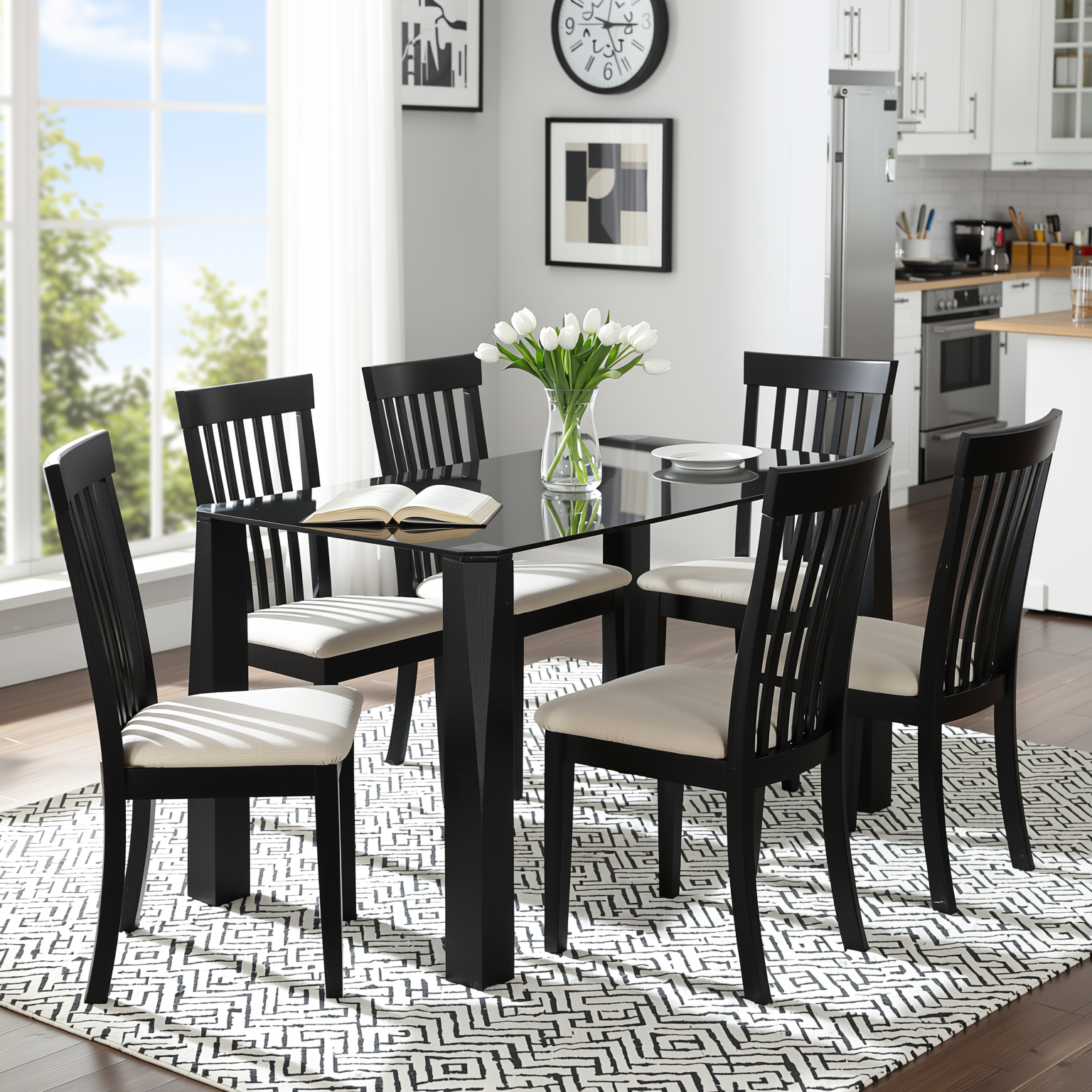 Homy Casa PIRLO Dining Table 47.2” Black Glass Top Modern Kitchen Table