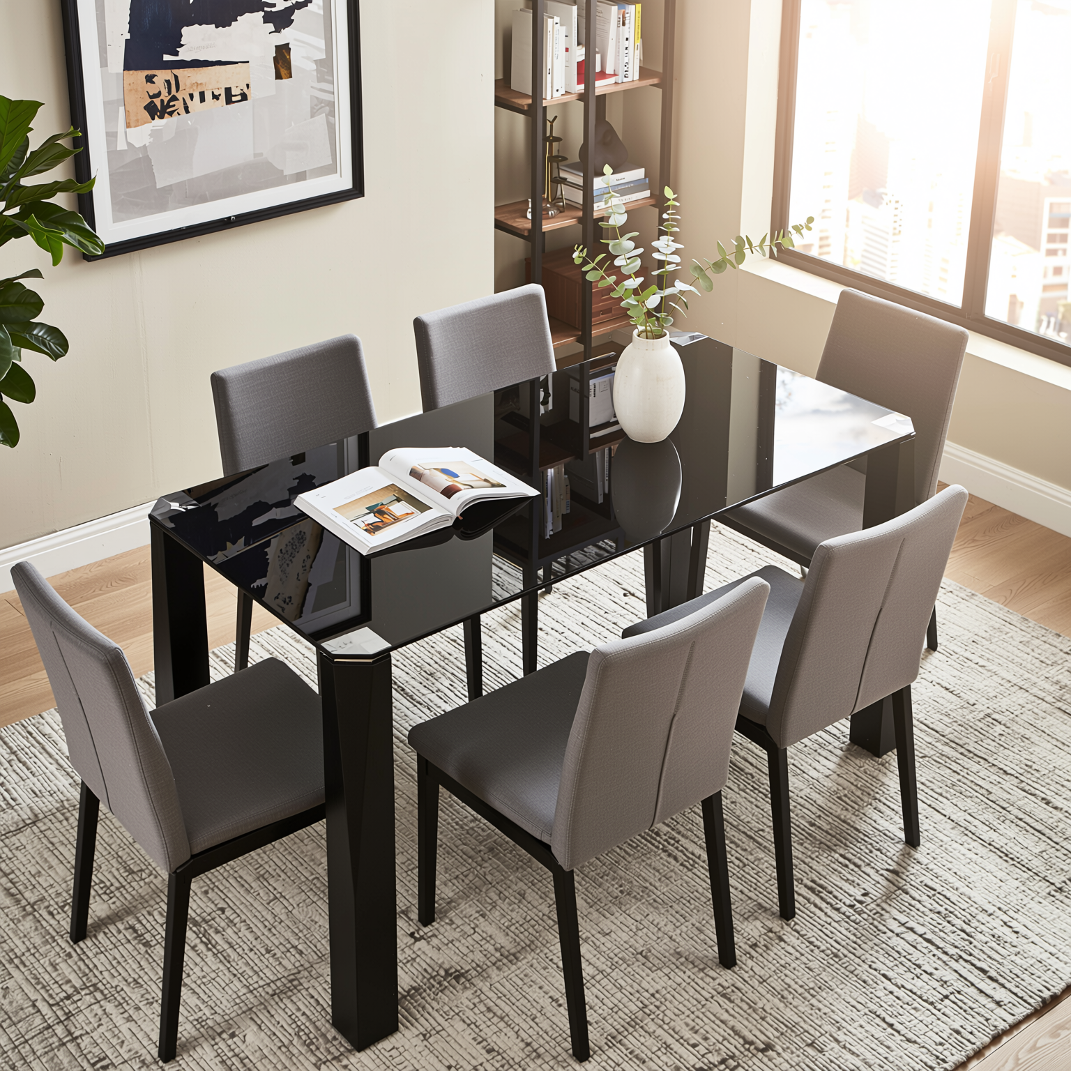 Homy Casa PIRLO Dining Table 47.2” Black Glass Top Modern Kitchen Table