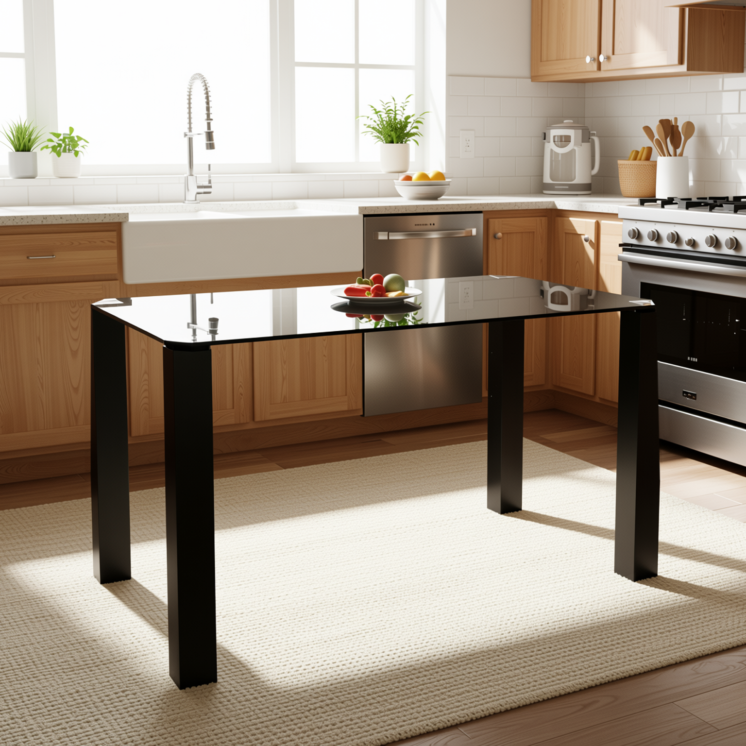 Homy Casa PIRLO Dining Table 47.2” Black Glass Top Modern Kitchen Table