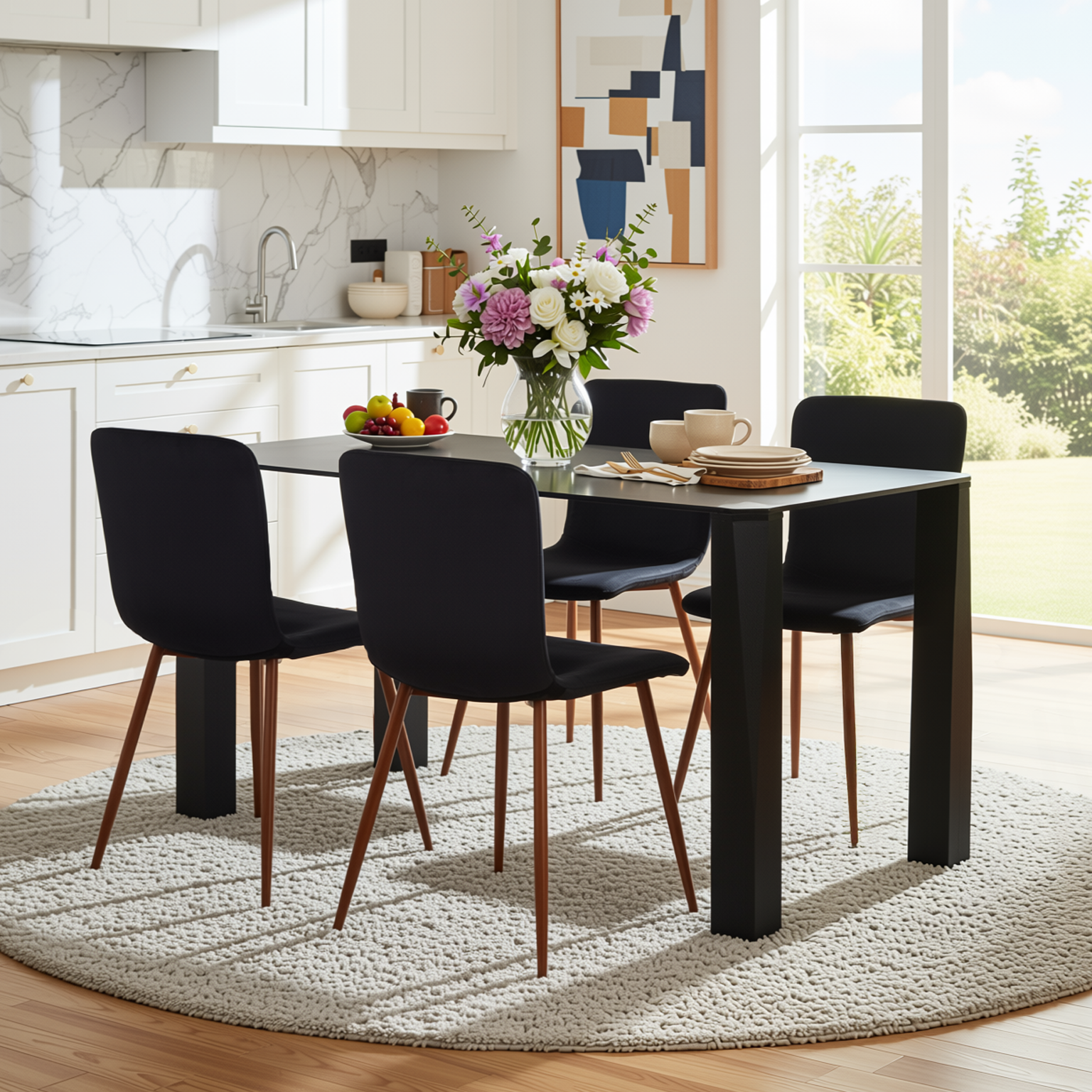 Homy Casa PIRLO 5PC Dining Set 47" Black Glass Table Set with 4 SCARGILL Velvet Balck Upholsted Chairs,Open Box