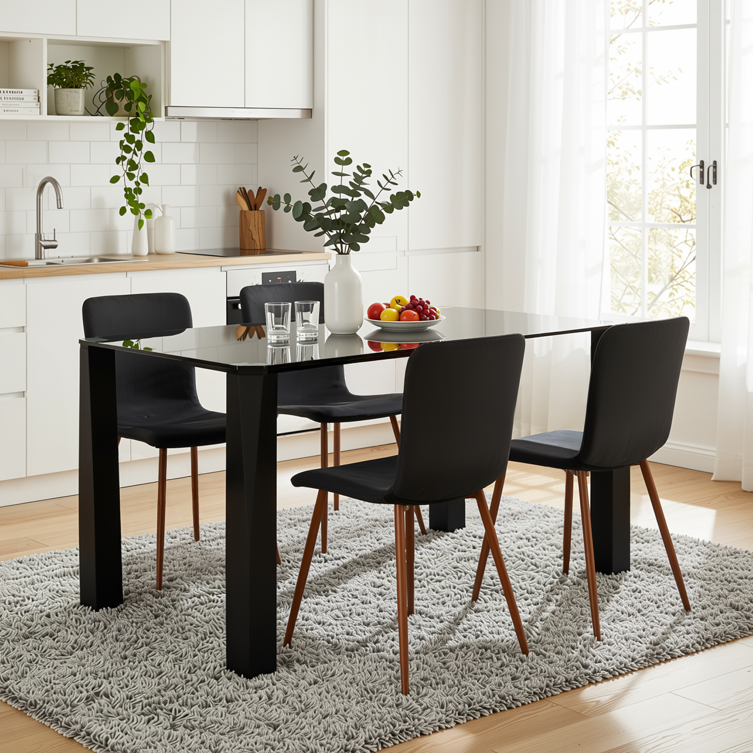 Homy Casa PIRLO 5PC Dining Set 47" Black Glass Table Set with 4 SCARGILL Velvet Balck Upholsted Chairs,Open Box