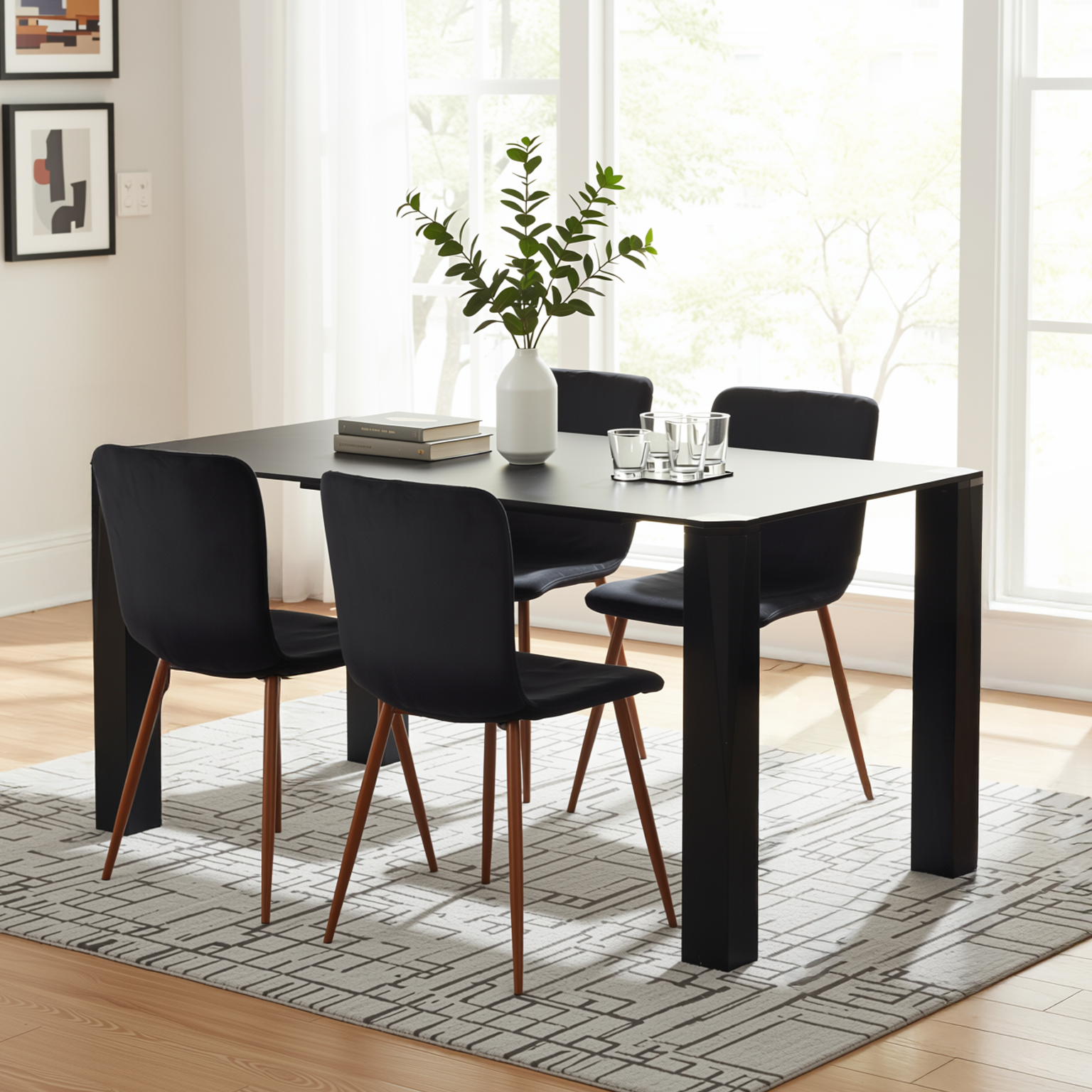 Homy Casa PIRLO Dining Table 47.2” Black Glass Top Modern Kitchen Table