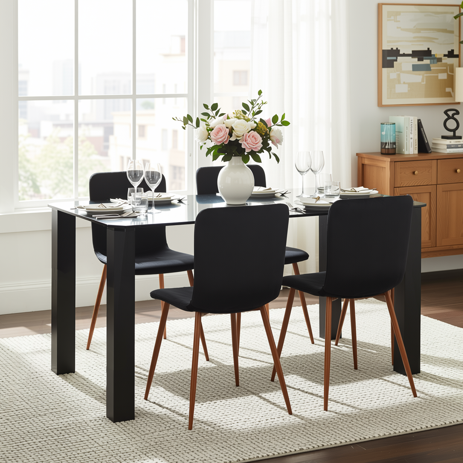 Homy Casa PIRLO 5PC Dining Set 47" Black Glass Table Set with 4 SCARGILL Velvet Balck Upholsted Chairs,Open Box