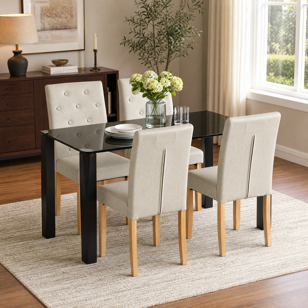 Homy Casa PIRLO+DOURO 5PC Dining Set 47.2” Glass Table with 4 Douro 92 Beige Fabric Wood Leg Chairs Open Box