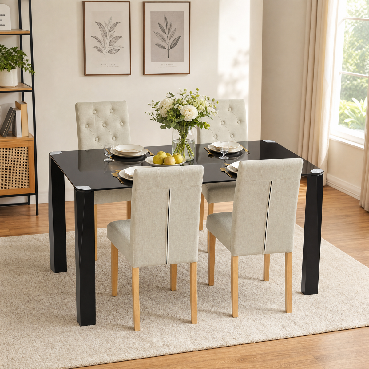 Homy Casa PIRLO+DOURO 5PC Dining Set 47.2” Glass Table with 4 Douro 92 Beige Fabric Wood Leg Chairs Open Box