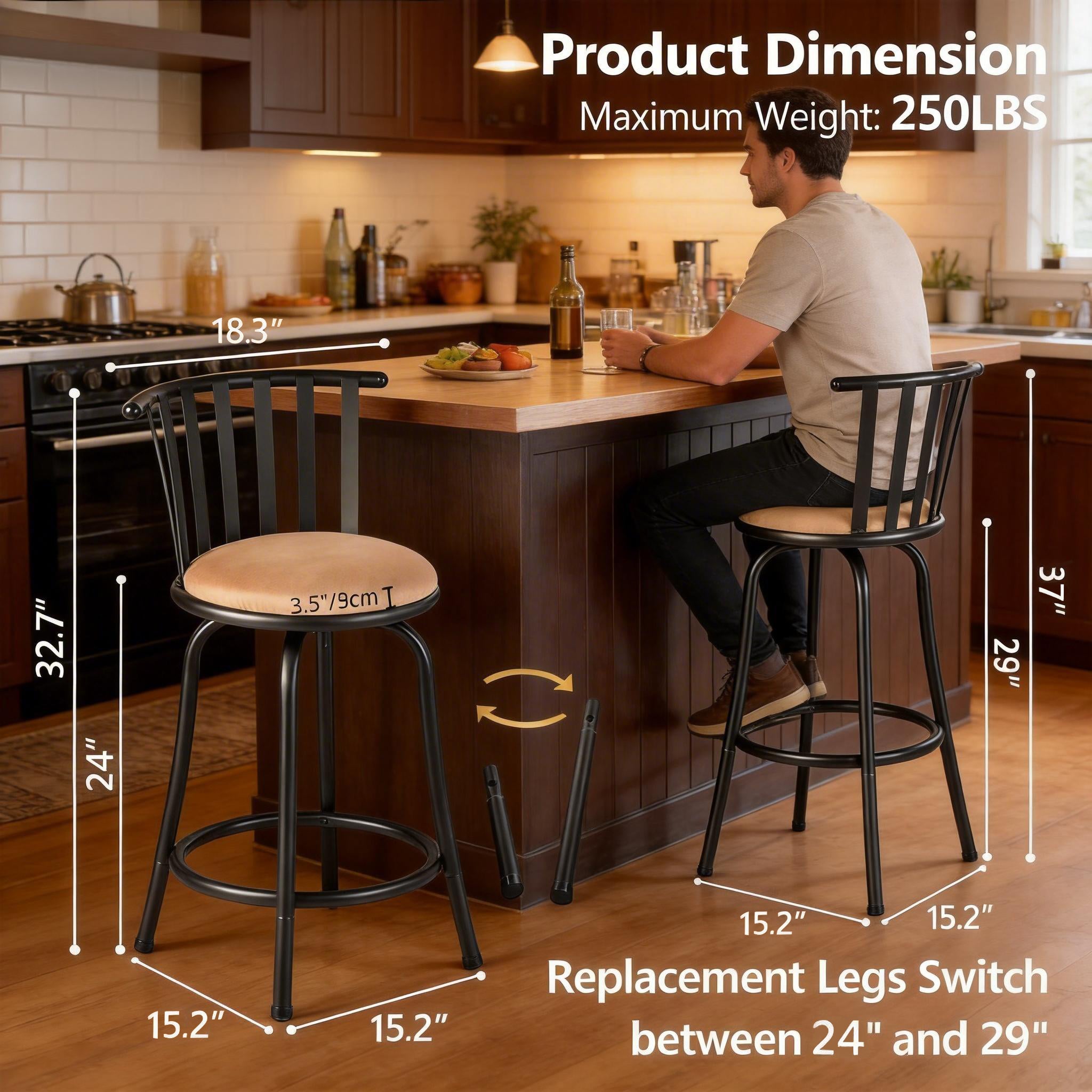 Homy Casa PISTIL 2PC 24/29 Inch Adjustable Barstool Bronze Frame Suede Seat