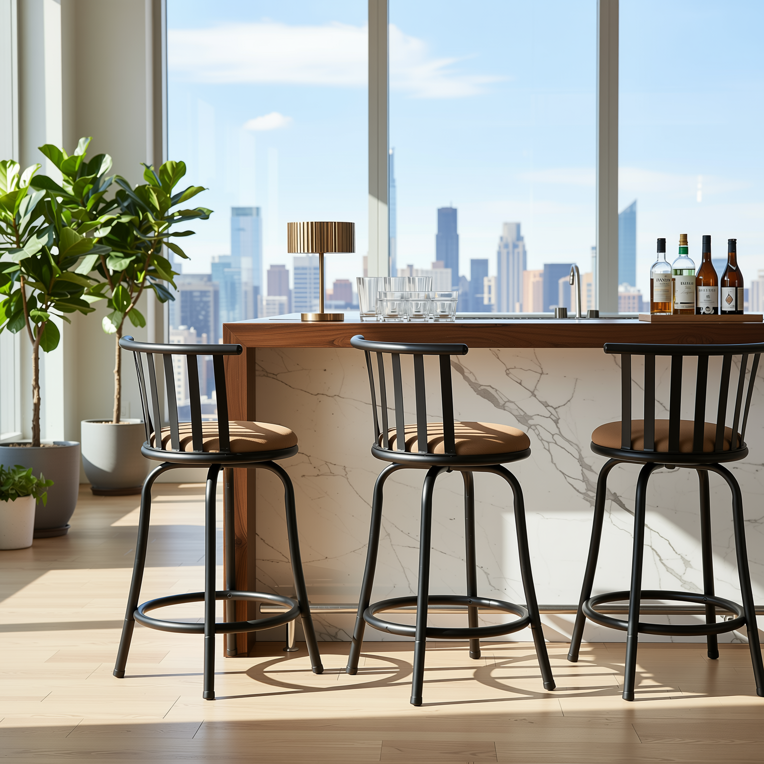 Homy Casa PISTIL 24" Swivel Counter Stool Set of 3, Brown Suede Upholstery with Black Metal Frame, Open Box