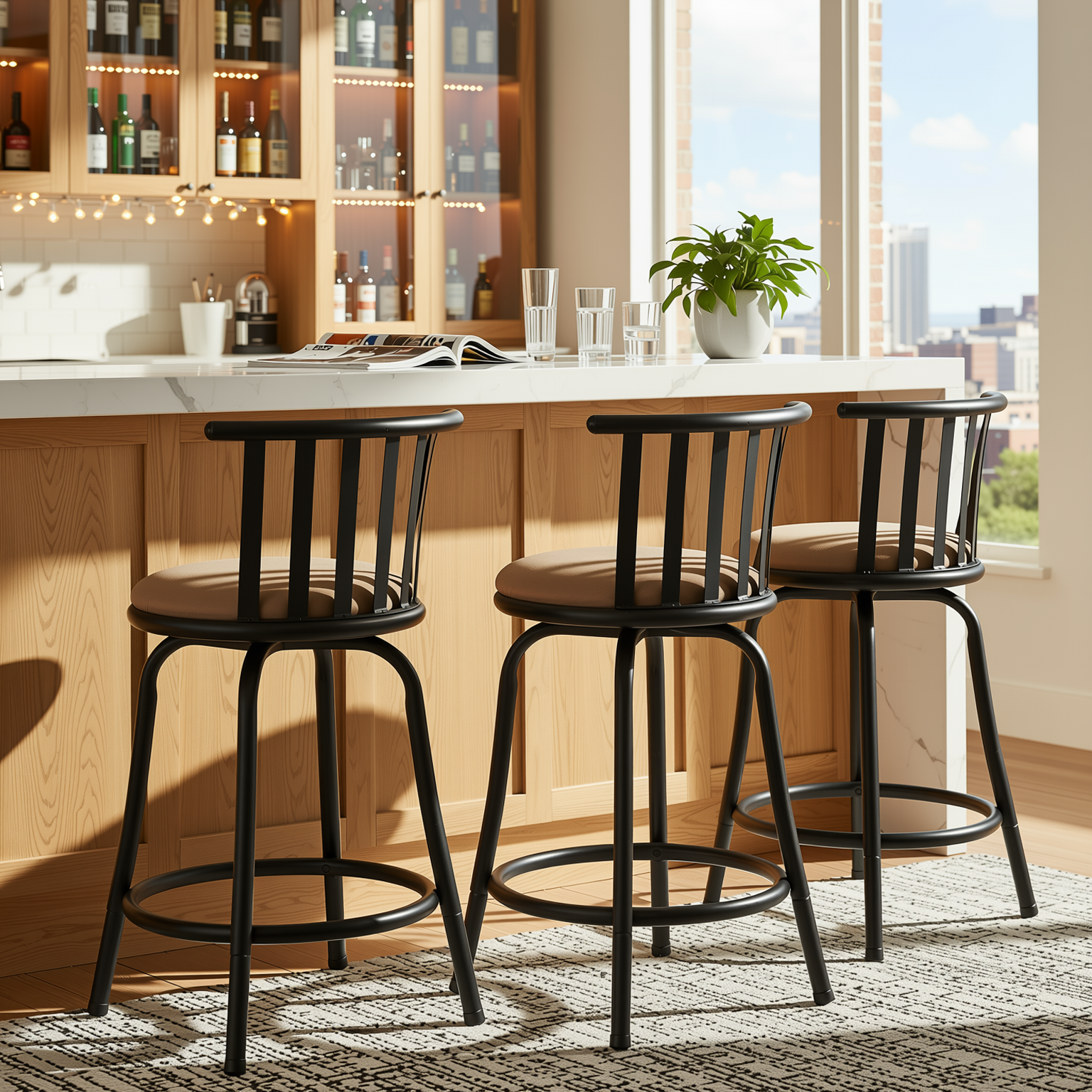 Homy Casa PISTIL 24" Swivel Counter Stool Set of 3, Brown Suede Upholstery with Black Metal Frame, Open Box