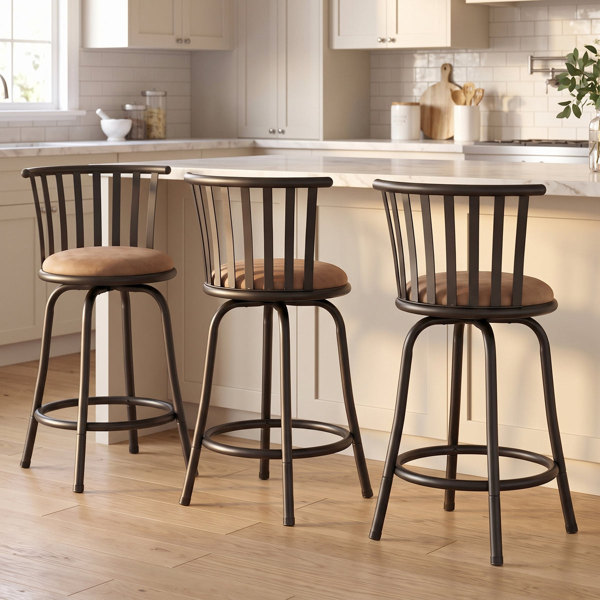 Homy Casa PISTIL 24" Swivel Counter Stool Set of 3, Brown Suede Upholstery with Black Metal Frame, Open Box