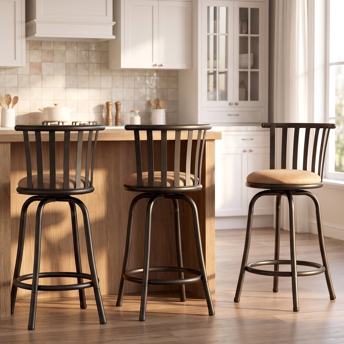 Homy Casa PISTIL 24" Swivel Counter Stool Set of 3, Brown Suede Upholstery with Black Metal Frame, Open Box