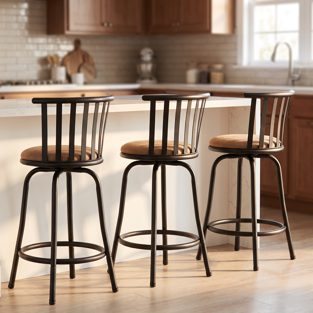 Homy Casa PISTIL 24" Swivel Counter Stool Set of 3, Brown Suede Upholstery with Black Metal Frame, Open Box