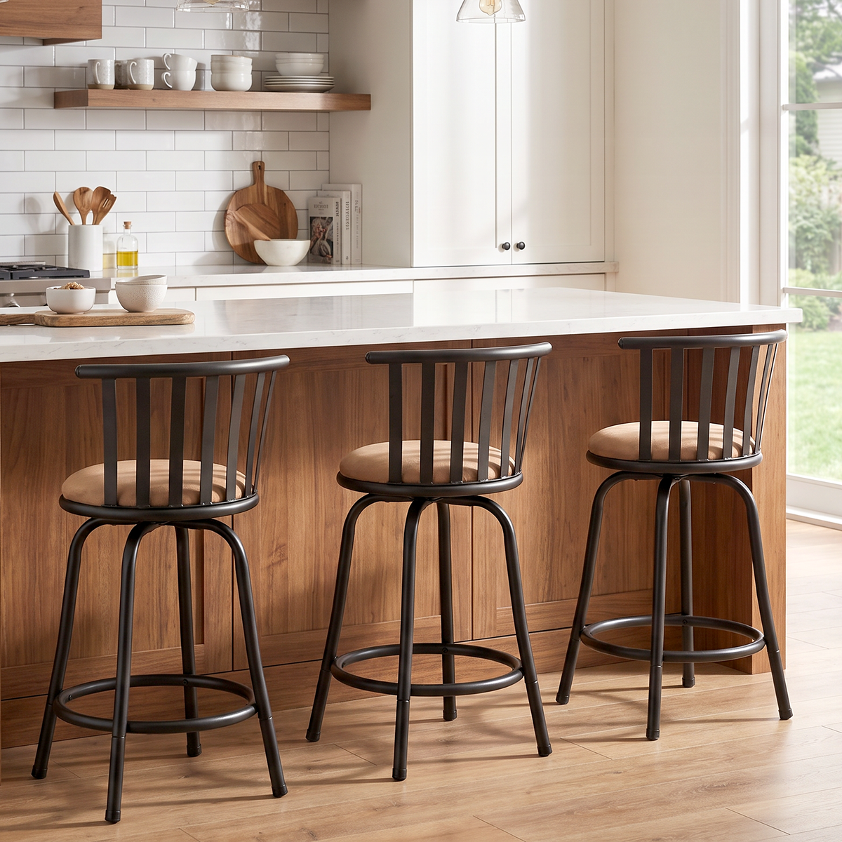 Homy Casa PISTIL 24" Swivel Counter Stool Set of 3, Brown Suede Upholstery with Black Metal Frame, Open Box