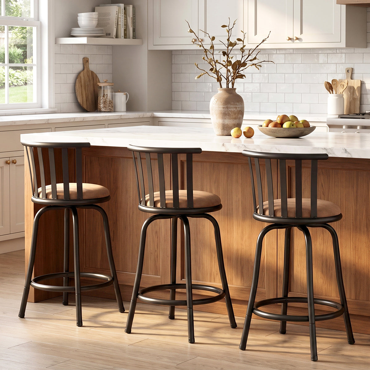 Homy Casa PISTIL 24" Swivel Counter Stool Set of 3, Brown Suede Upholstery with Black Metal Frame, Open Box