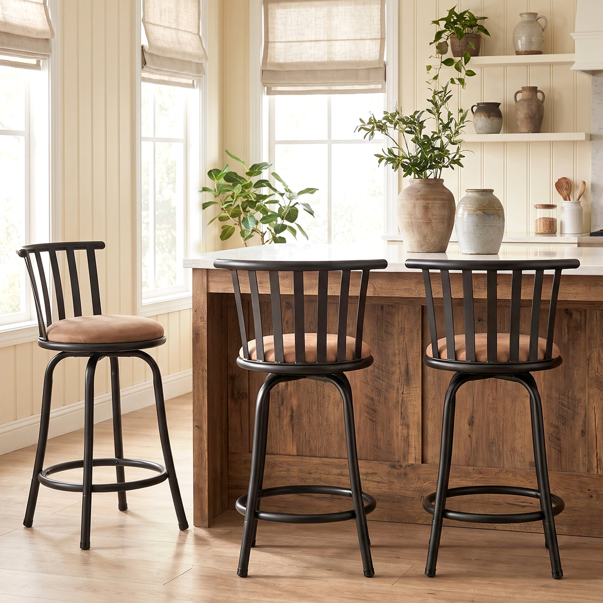 Homy Casa PISTIL 24" Swivel Counter Stool Set of 3, Brown Suede Upholstery with Black Metal Frame, Open Box