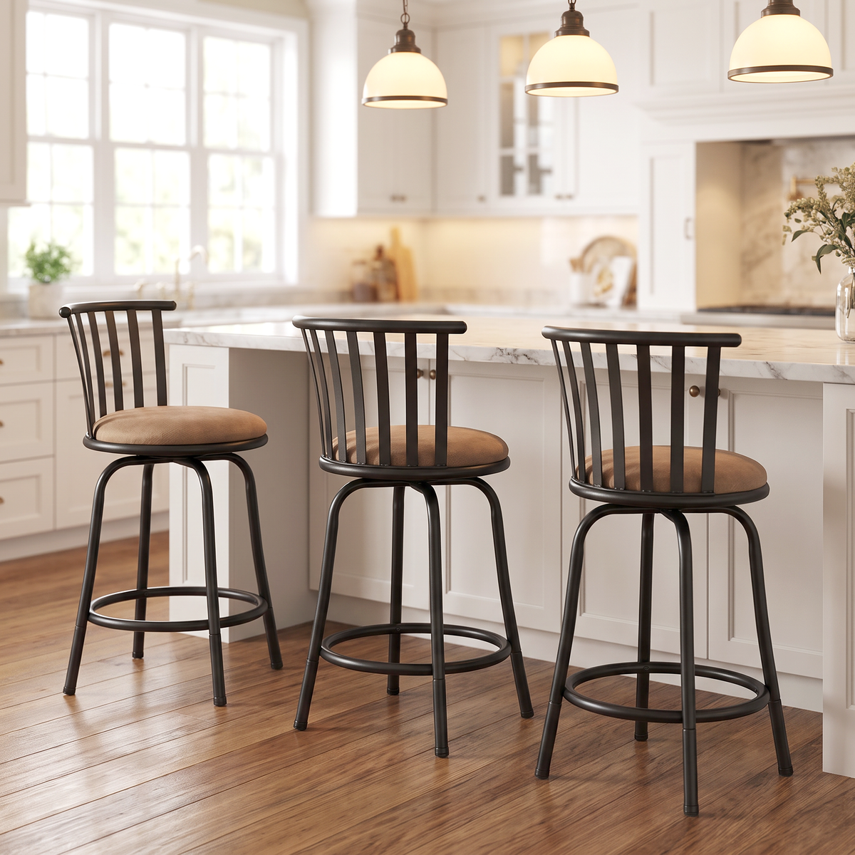 Homy Casa PISTIL 24" Swivel Counter Stool Set of 3, Brown Suede Upholstery with Black Metal Frame, Open Box